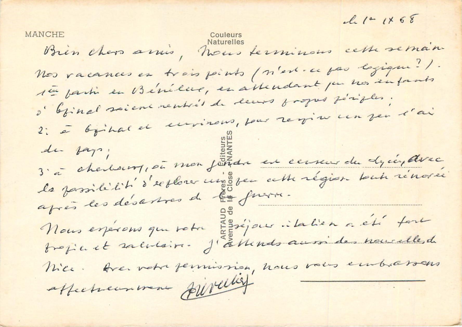 Manche 50 — Carte postale touristique avec carte et vues — Éditeur ARTAUD Frères, NANTES — Back