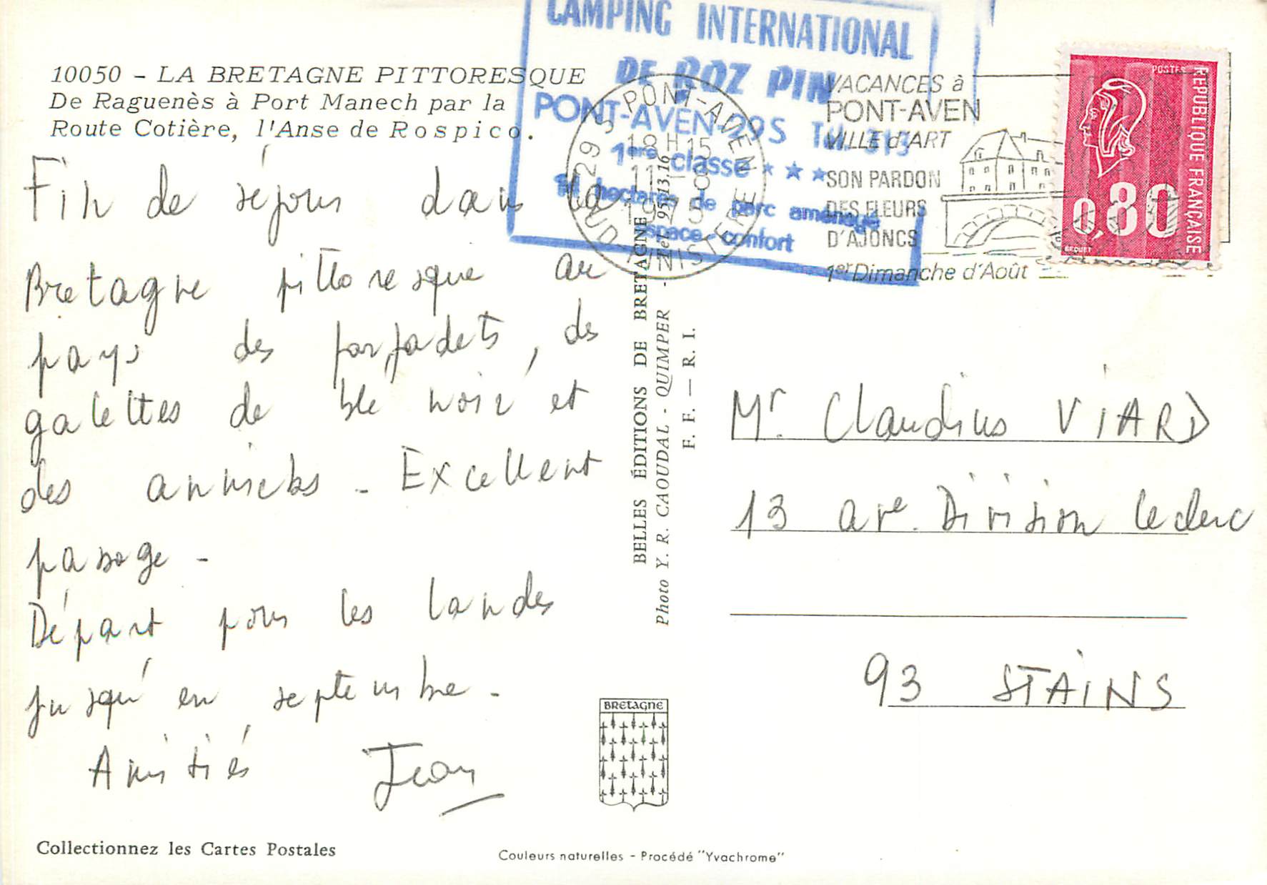 CPM 10050 la bretagne pittorsque De Raguenes a Fort Manech par la route cotiere l'anse de Rospice — Rückseite