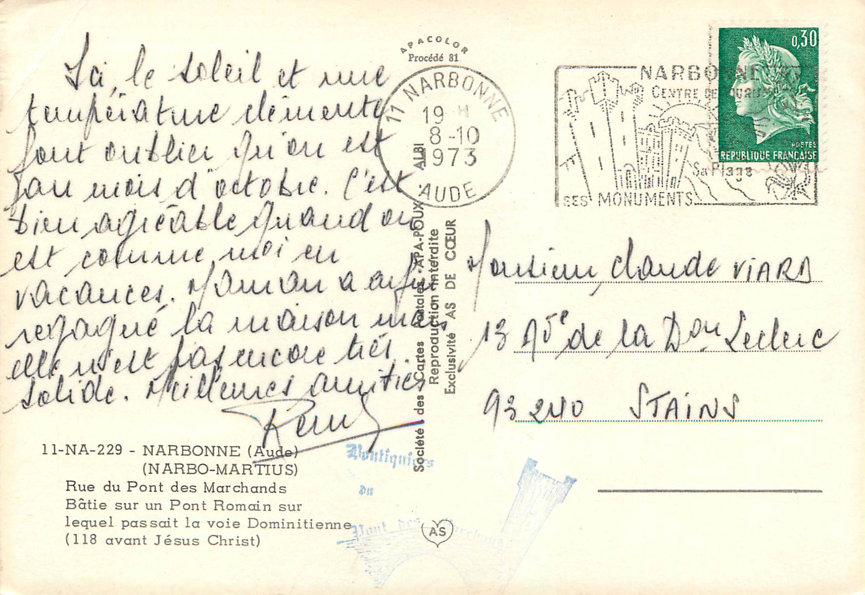 CPM Narbonne Aude Narbo Martius Rue du Pont des Merchands — Rückseite