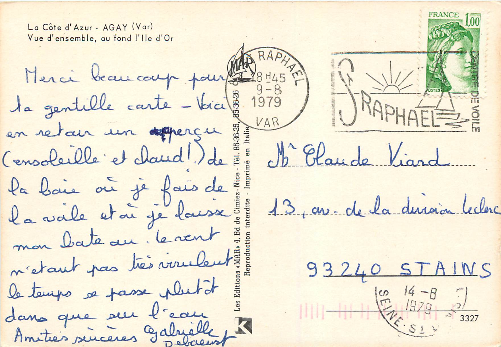 CPM La Cote d Azur Agay Var Vue d ensemble au fond l Ile d Or — Rückseite