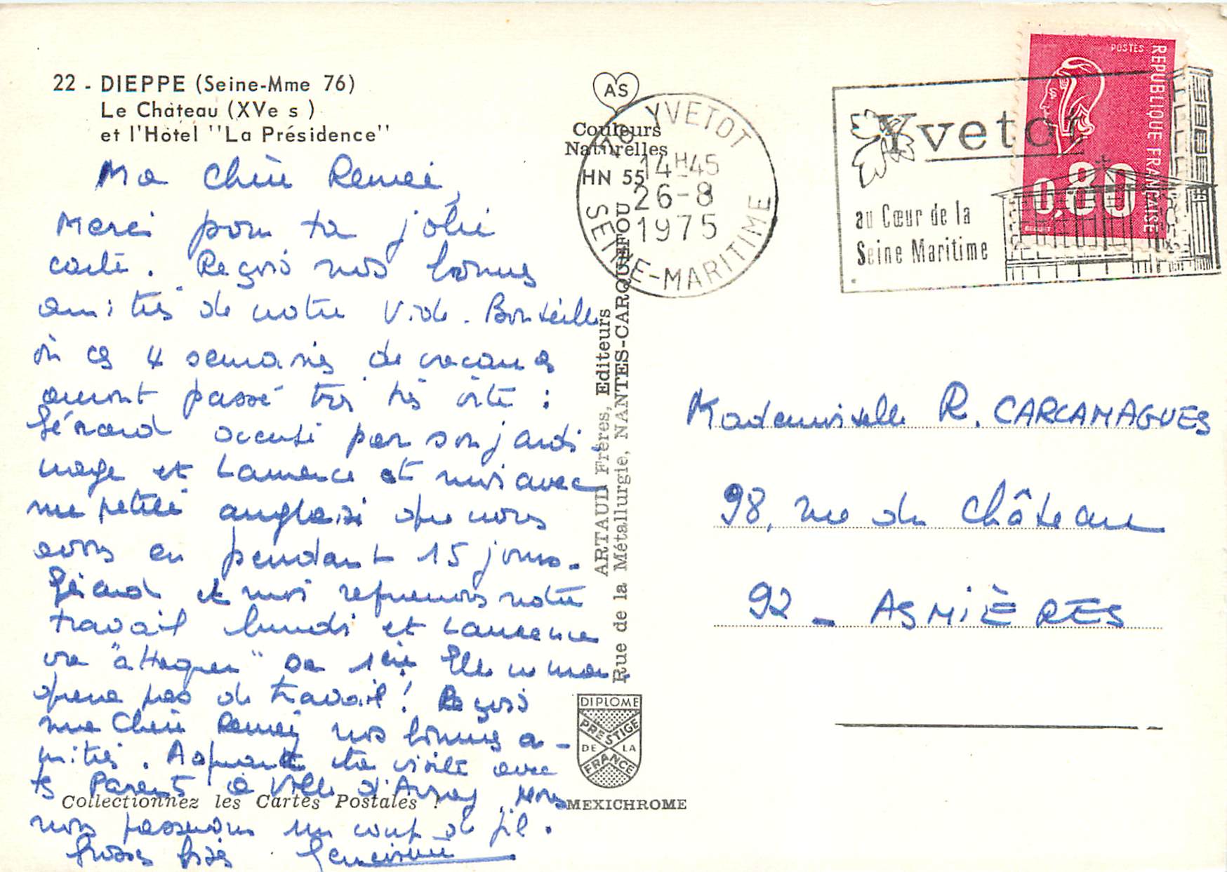 CPM Dieppe Siente Mme Le Chateau xve s et l Hotel La Presidence — Rückseite