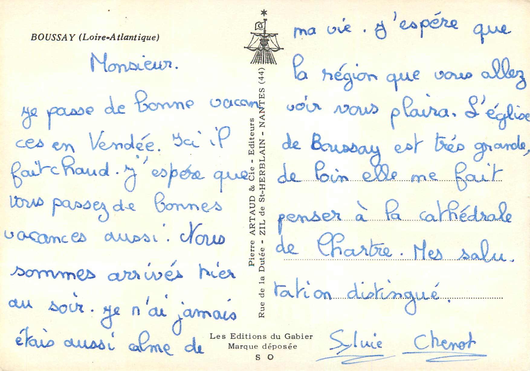 CPM Boussay Loire Atlantique Le moulin et la chaussee de Bapaume Sevre Le pont de Chevalier — Rückseite