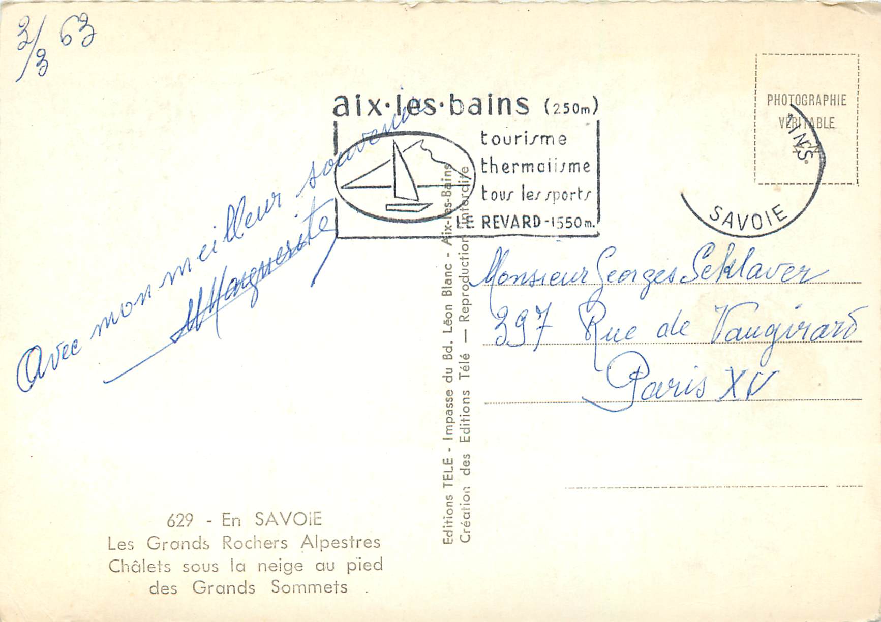 CPM Souvenir de Savoie En Savoie Les Grands Rochers Alpestres Chalets sous la neige ay pied des Grands Sommets — Rückseite