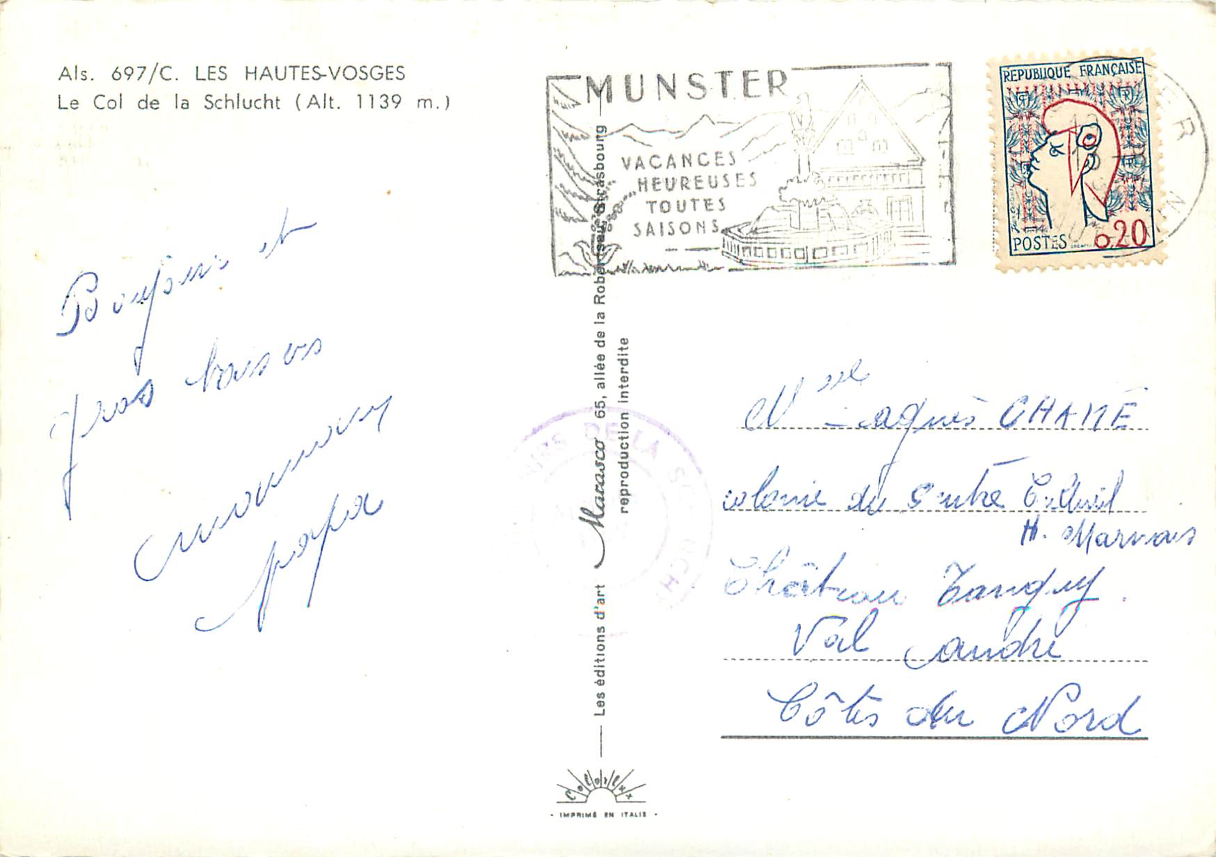 CPA Les Hautes Vosges Le Col de la Schlucht — Verso