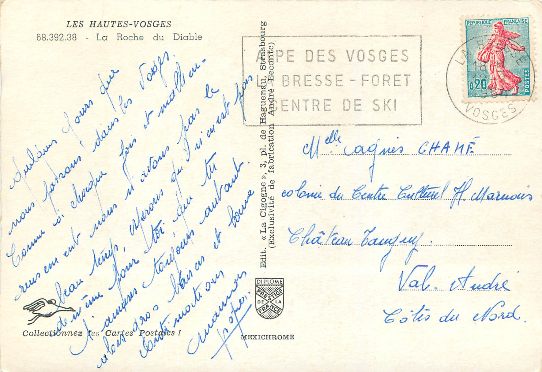 CPA Les Hautes Vosges La Roche du Diable — Rückseite
