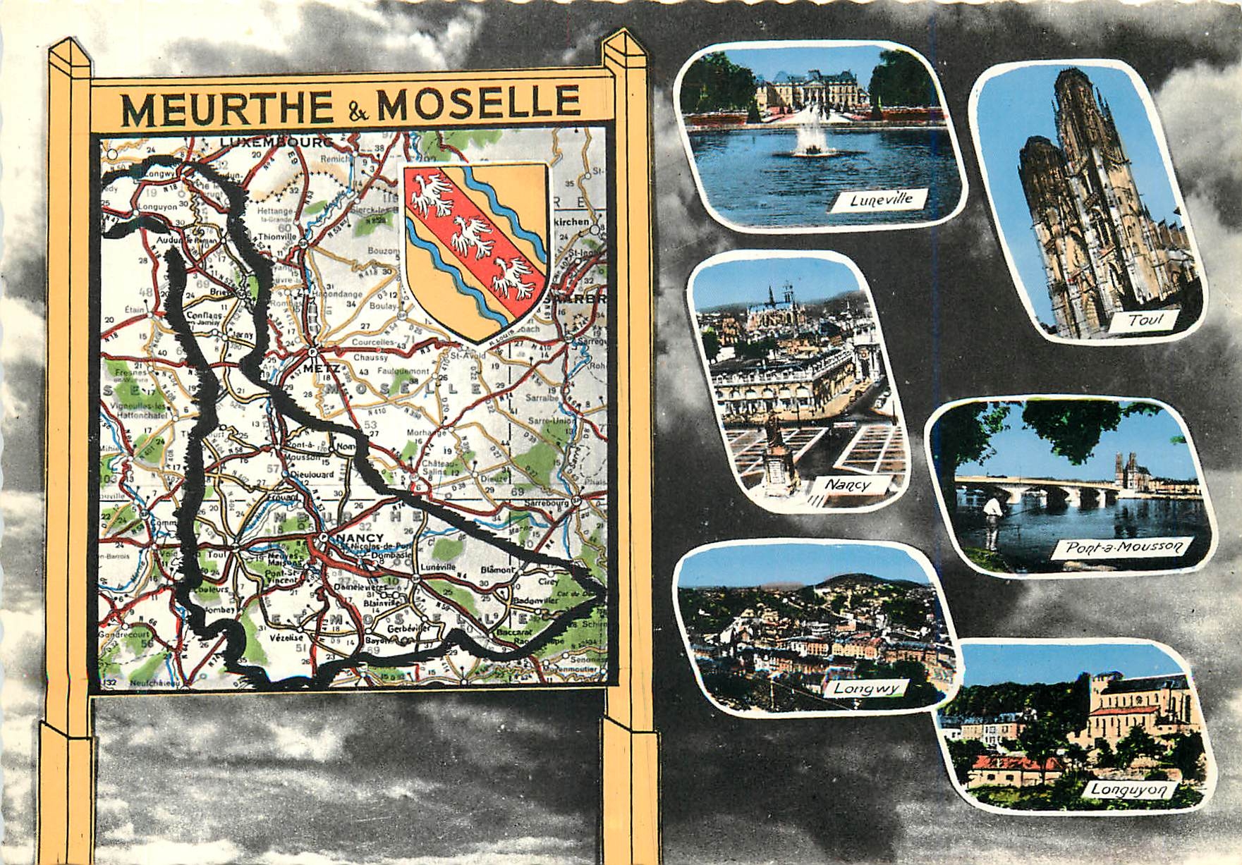 Meurthe & Moselle — carte touristique avec vue de Luneville, Toul, Nancy, Pont-à-Mousson, Longwy et Longuyon — éditeur Hachette