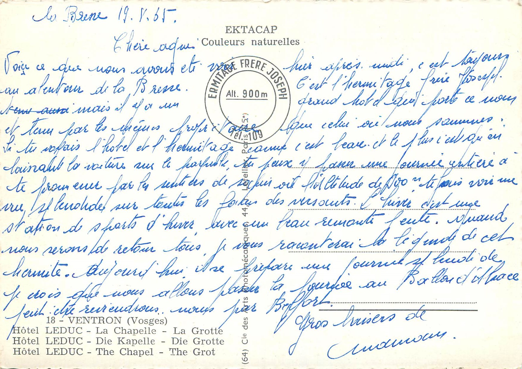 CPA Ermitage Frere Joseph Ventron Vosges Hotel Leduc La Chapelle La Grotte — Rückseite