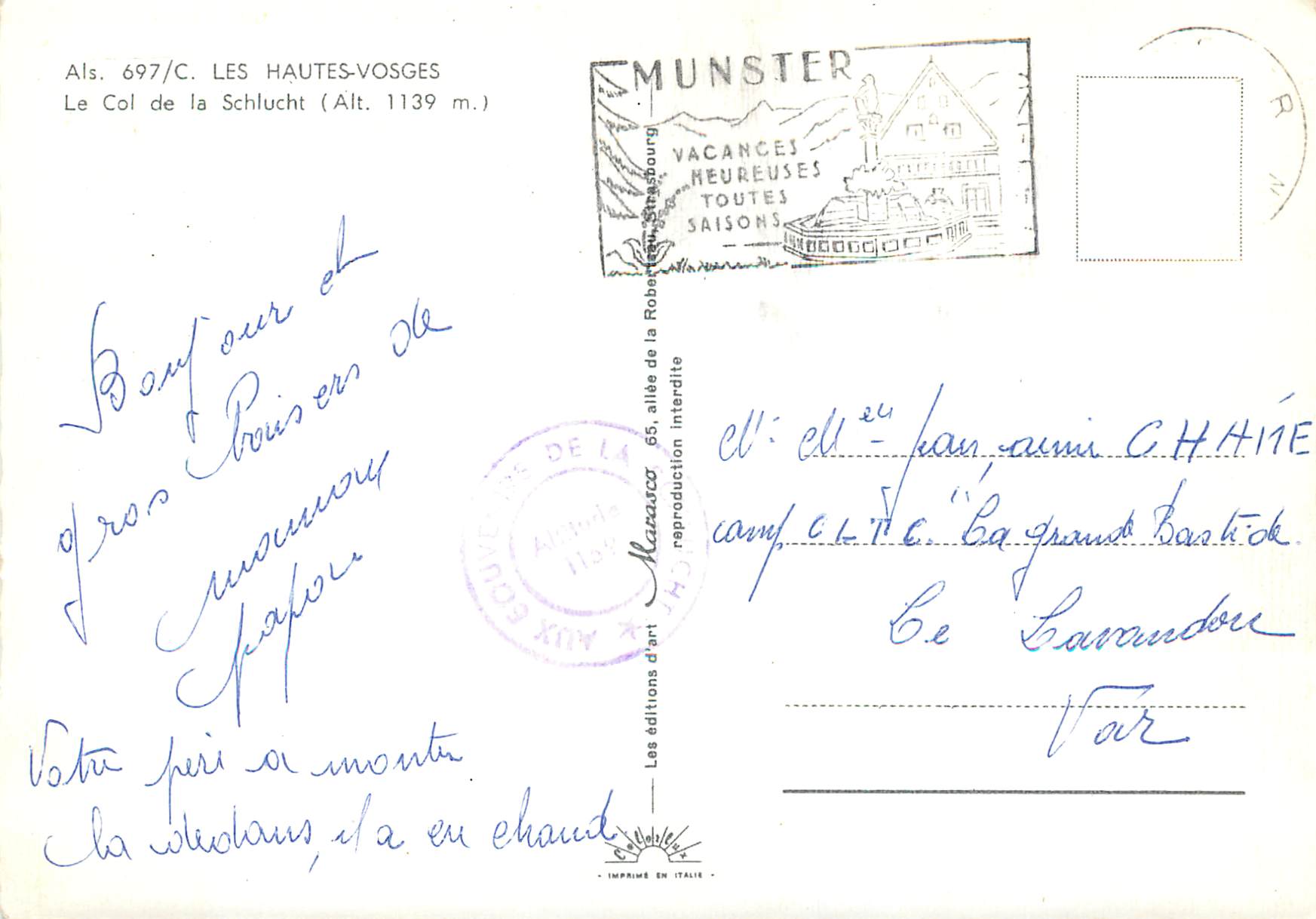 CPA Les Hautes Vosges Le Col de la Schlucht — Rückseite