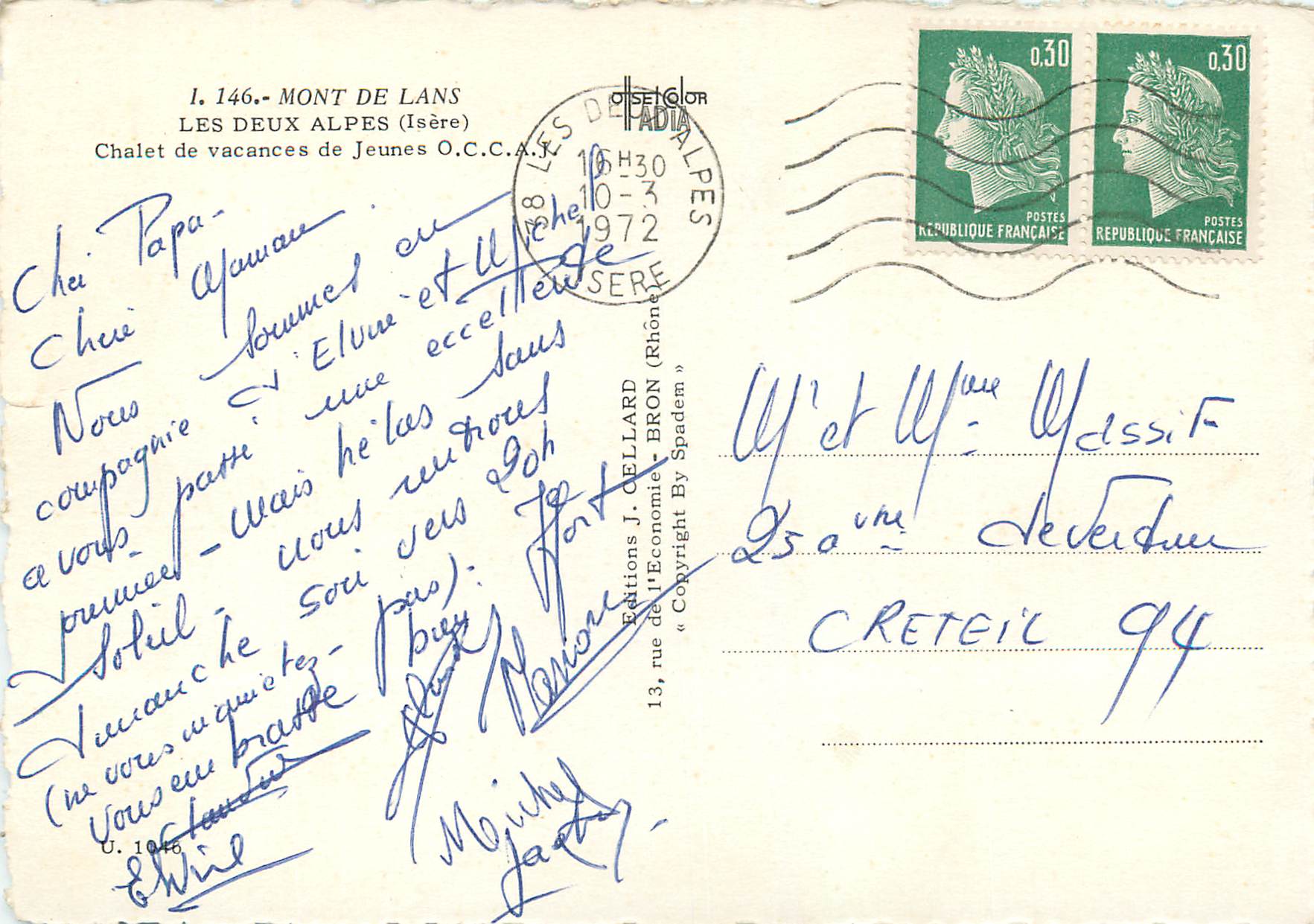 Mont de Lans — Les Deux Alpes — Éditions J. Oellard — Rückseite