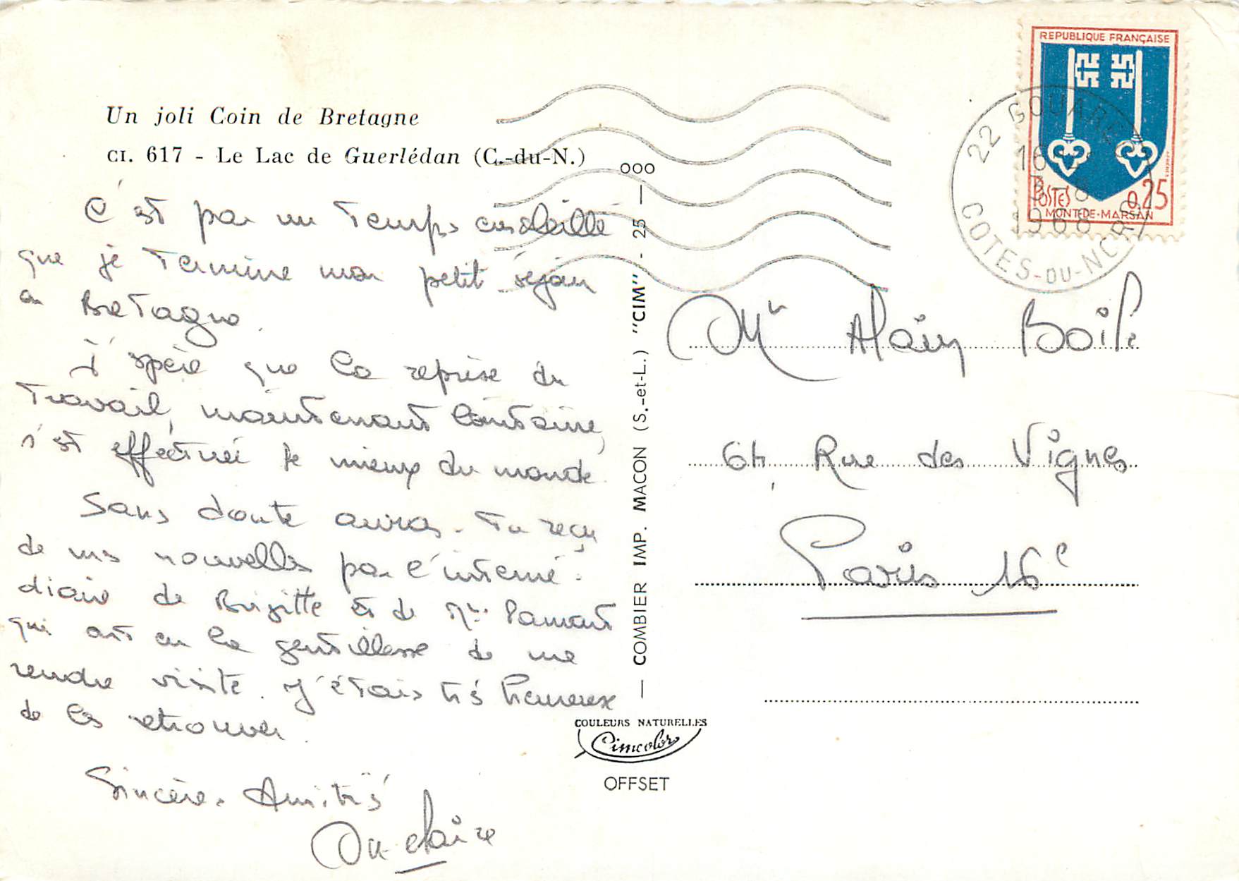 Le Lac de Guerlédan — Cotes-du-Nord — éditeur CIM n° 617 — Verso