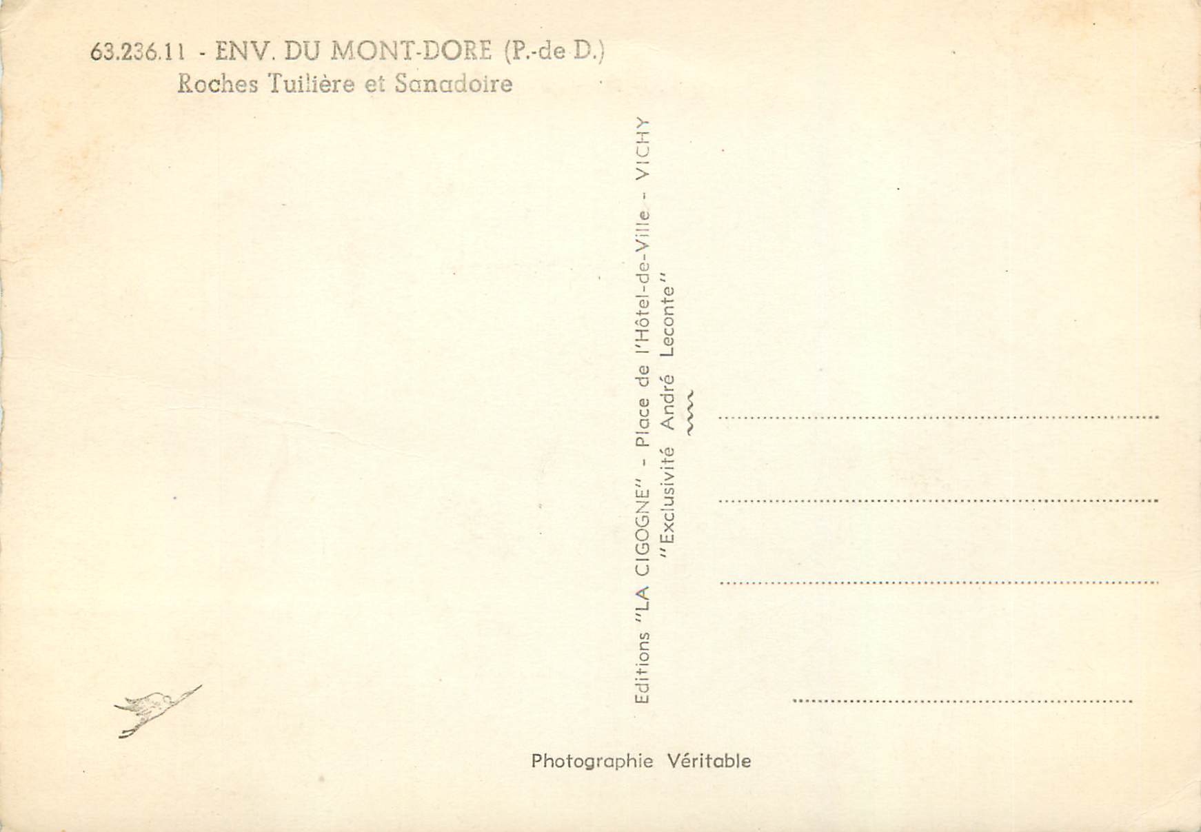 CPM Env Du Mont Dore Roches Tuliere et Sanadoire — Verso