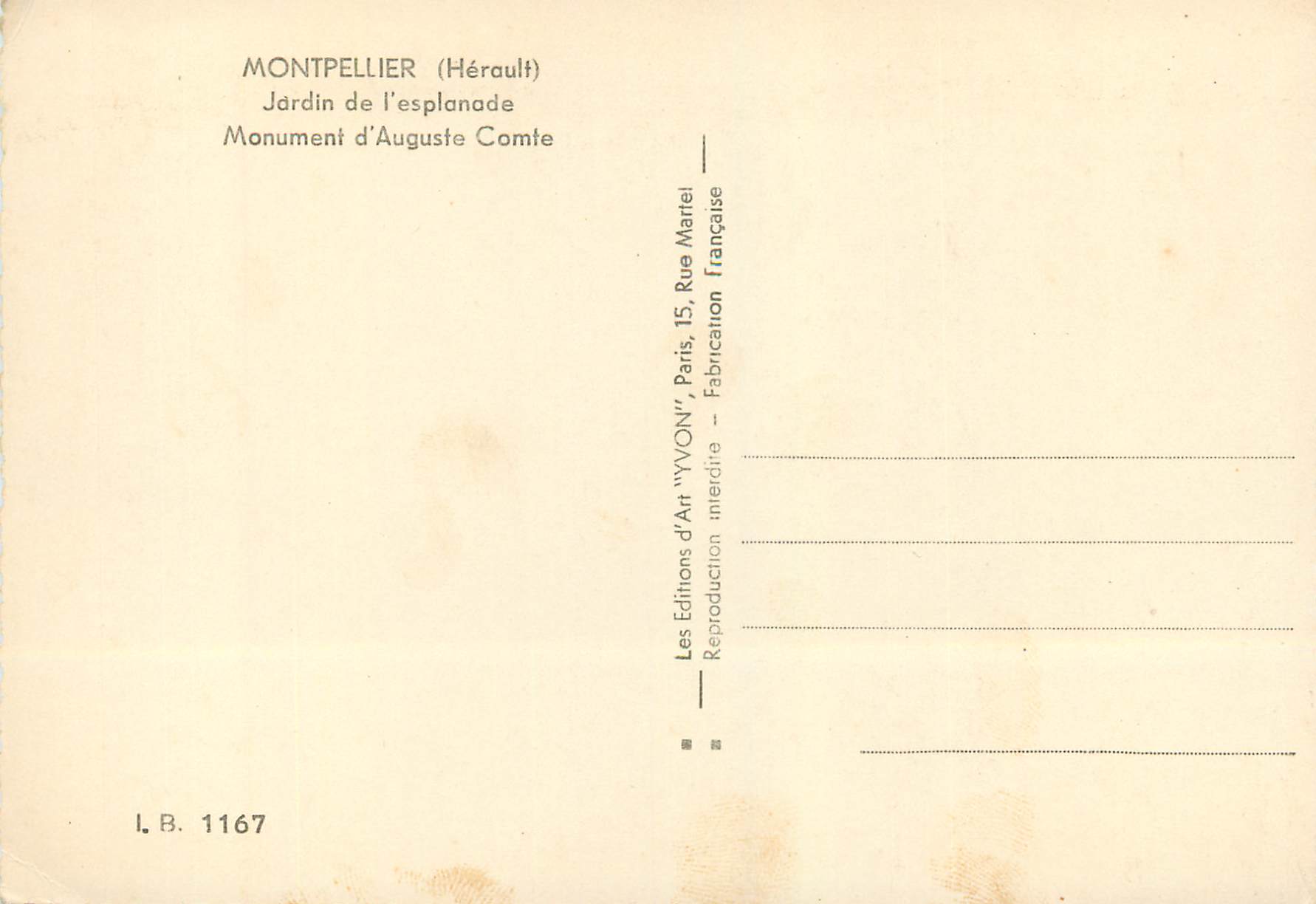 CPM Montpellier Herault Jardin de l esplanade Monument d Auguste Comte — Verso
