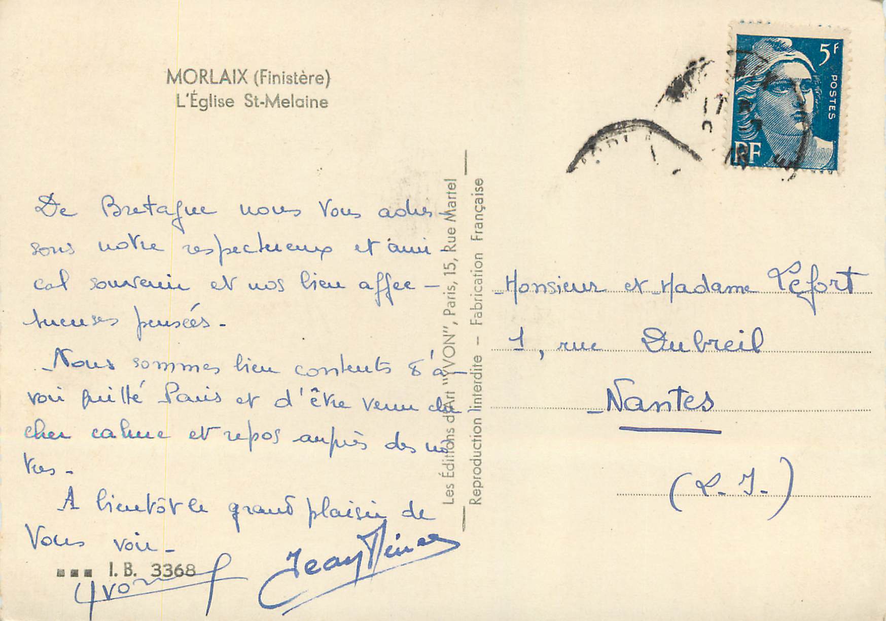 CPM Morlaix Finistere L Eglise St Melaine — Rückseite