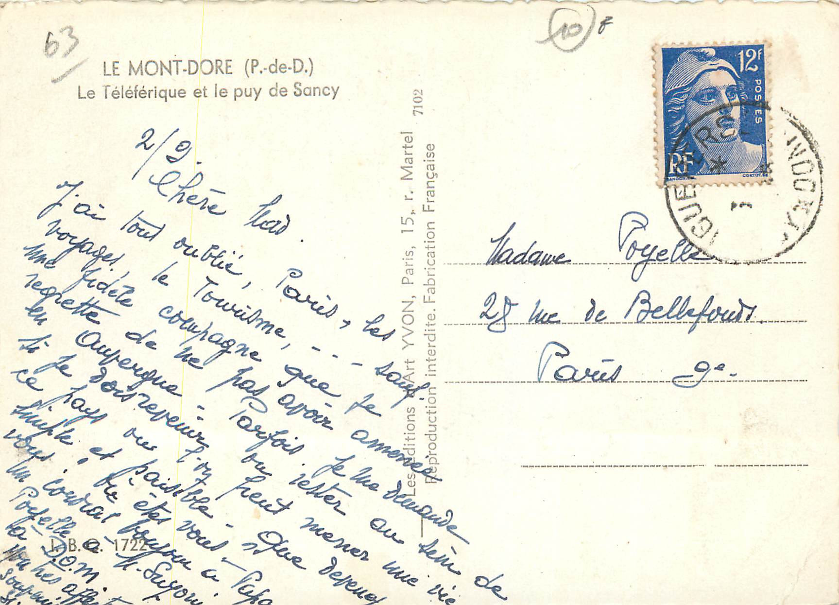 CPM Le Mont Dore P de D Le Teleferique et le puy de Sancy — Rückseite