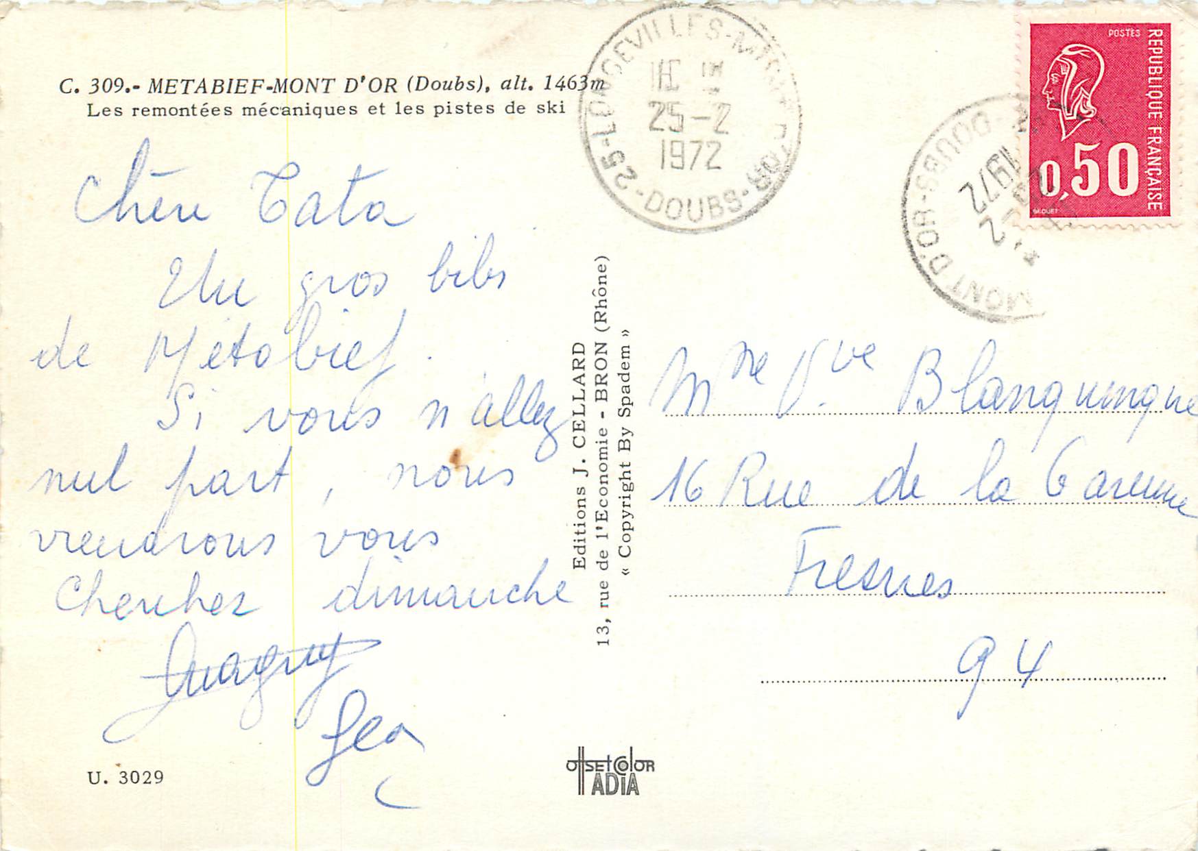 Joies du ski à Métabief — mont d'or 1463 m — Éditions J. Cellard — Rückseite