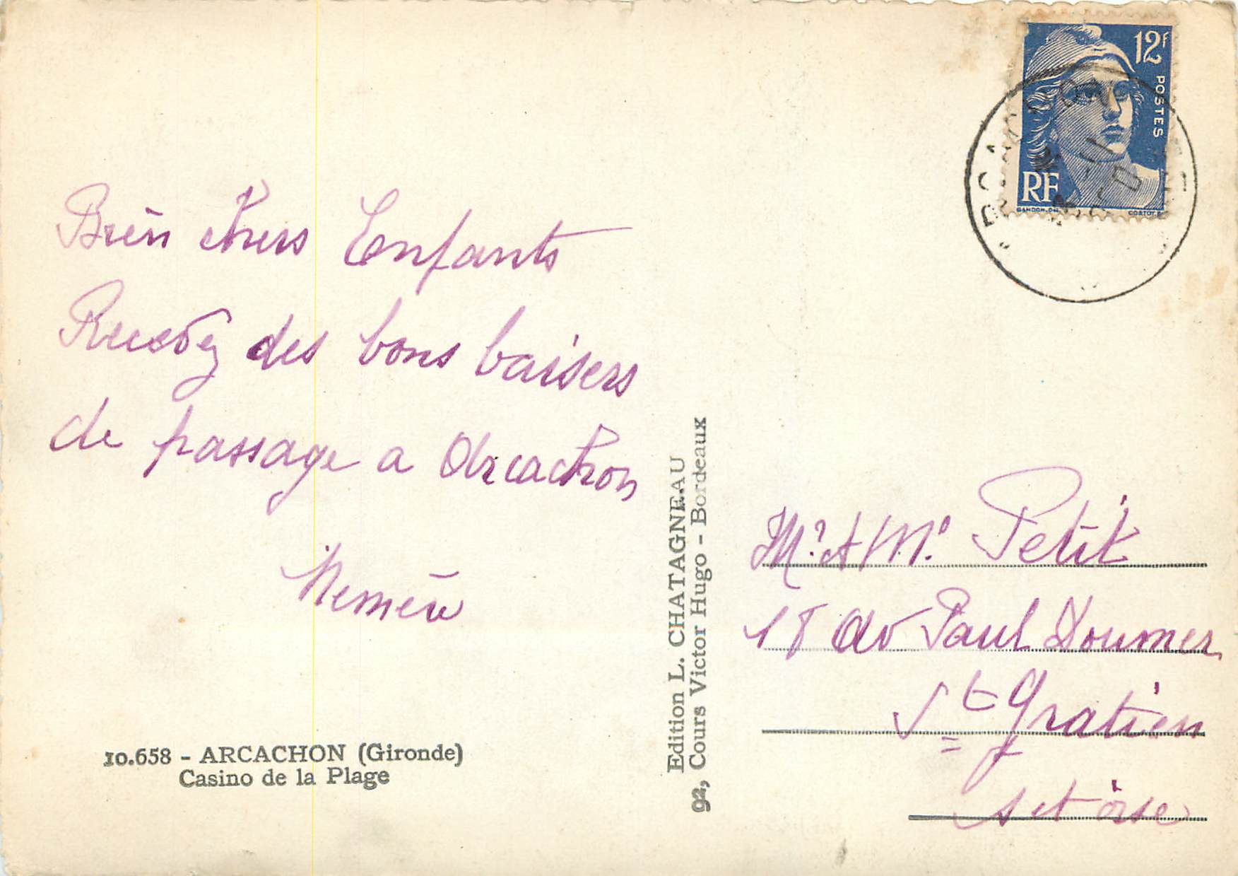 Casino de la Plage — Arcachon (Gironde) — Édition L. Chatagneau, n°658 — Verso