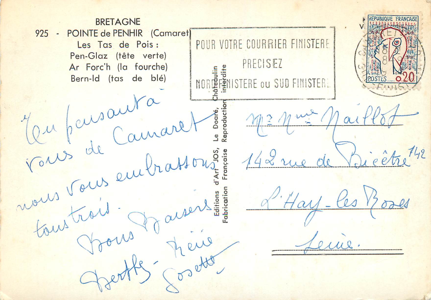 CPM Bretagne Pointe de Penhir Camaret Les Tas de Pois Pen Glaz tete verte — Rückseite