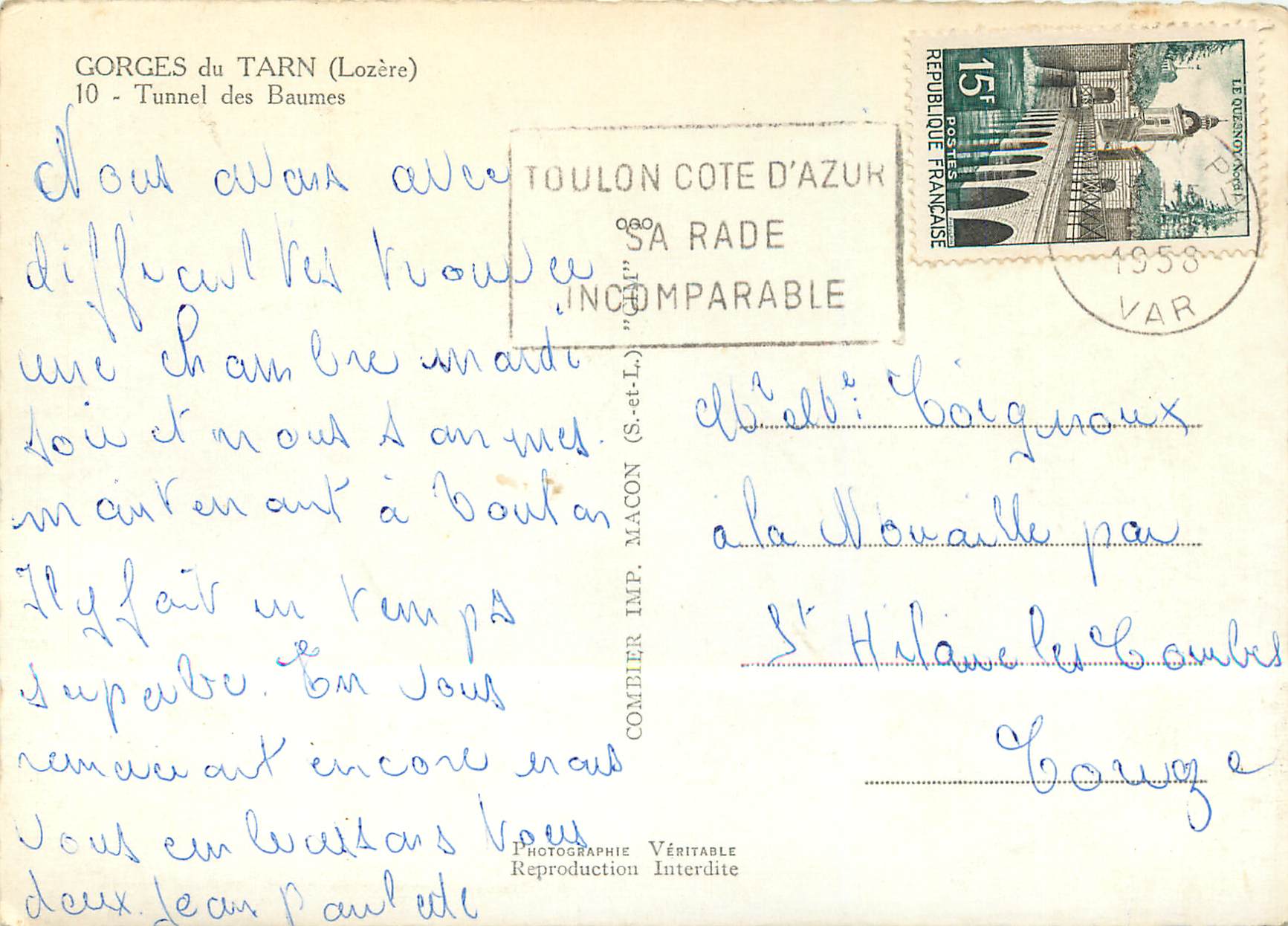 CPM Gorges du Tarn Lozere Tunnel des Baumes — Rückseite