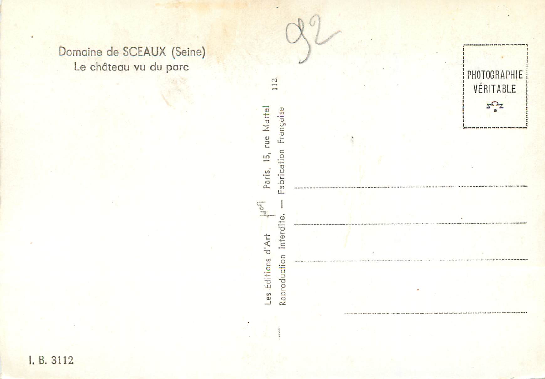 CPM Domaine de Sceaux Seine Le chateau vu du parc — Rückseite