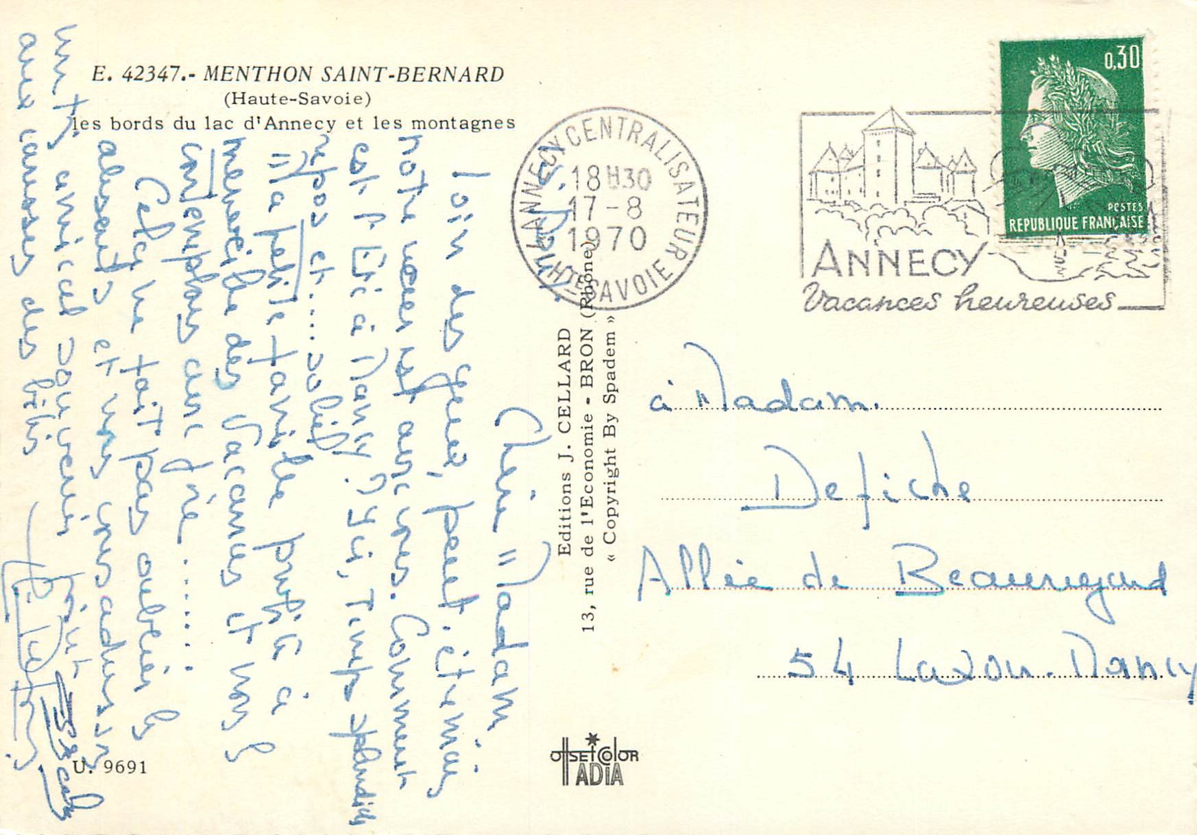 Menthon-Saint-Bernard — les bords du lac d'Annecy et les montagnes — Editions J. Cellard, n° E. 42347 — Reverso