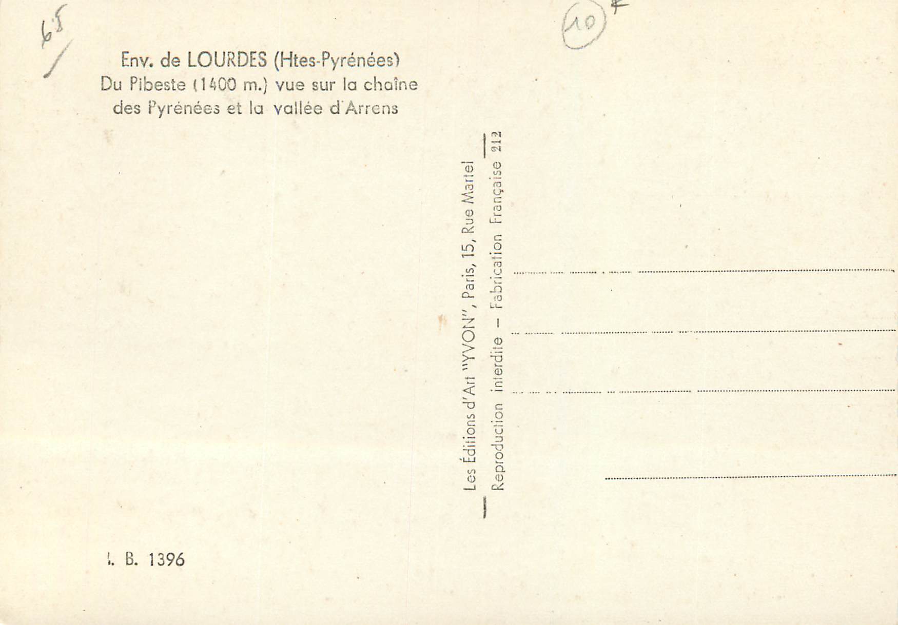 CPM Env de Lourdes Htes Pyrenees Du Pibeste vue sur la chaine des Pyrenees et la vallee d Arrens — Verso