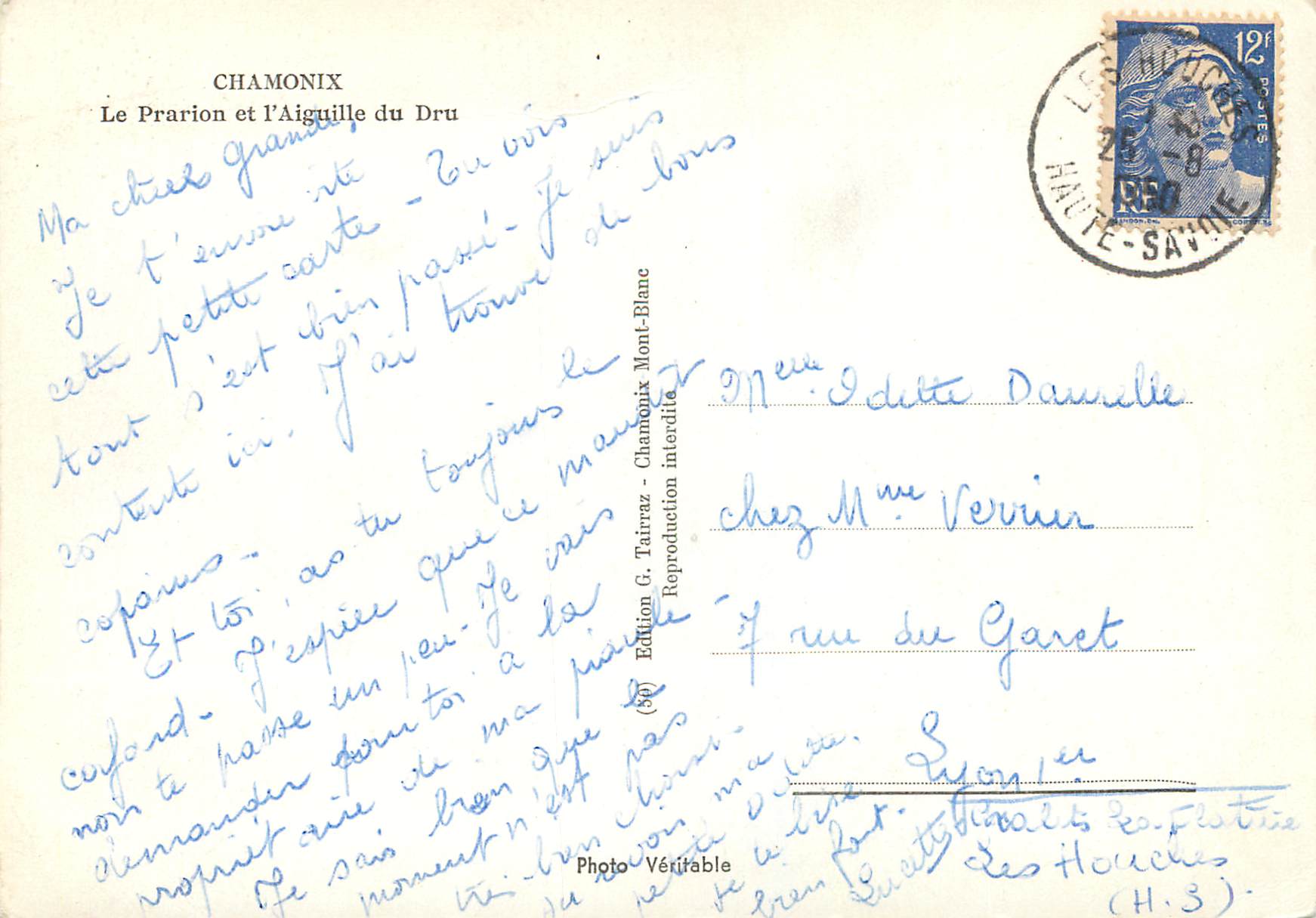 Le Prarion und l'Aiguille du Dru — Chamonix — Édition G. Tairraz — Rückseite