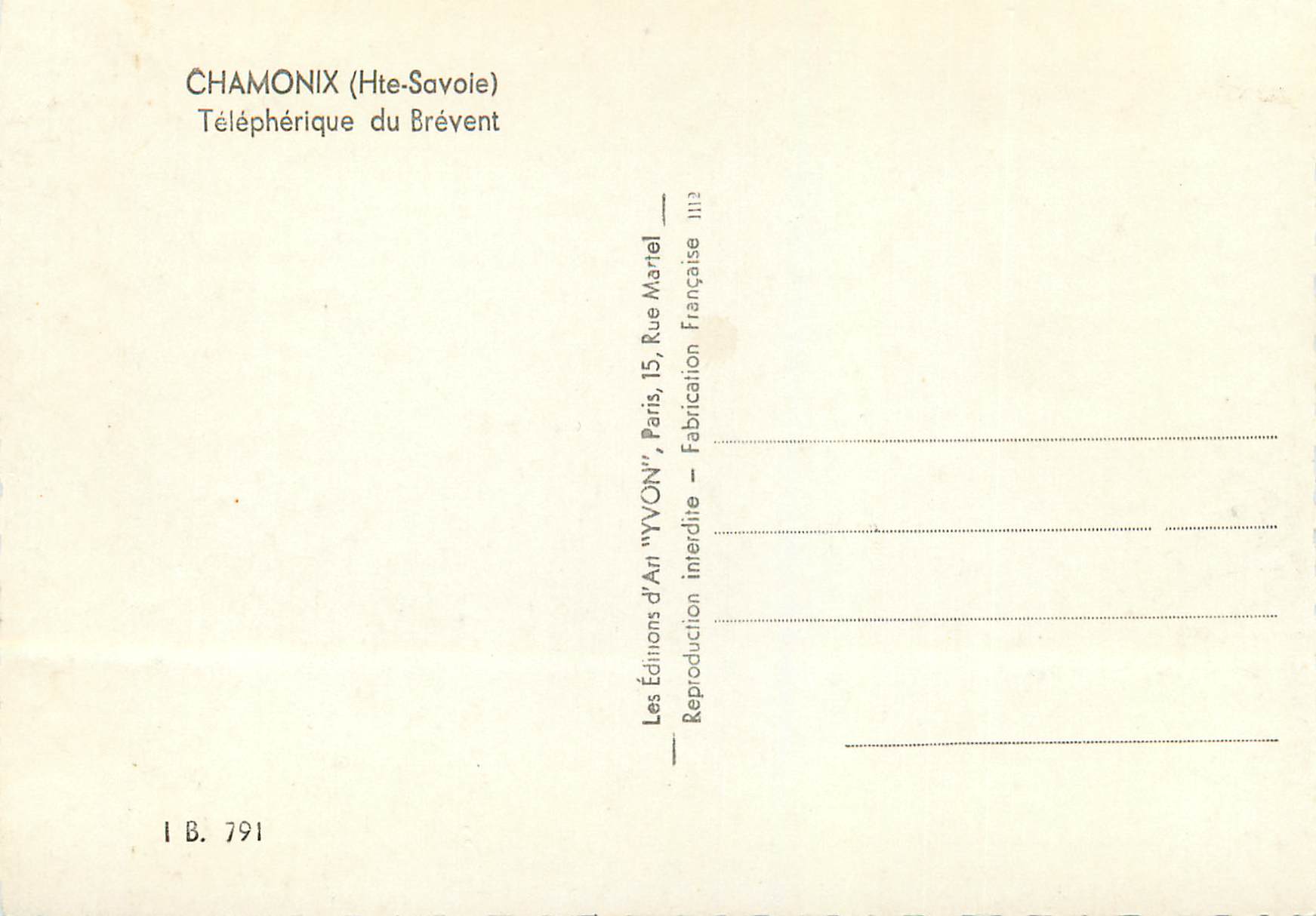 Chamonix (Hte-Savoie) — Téléphérique du Brévent — Éditions d'Art 'YVON', Paris — Rückseite