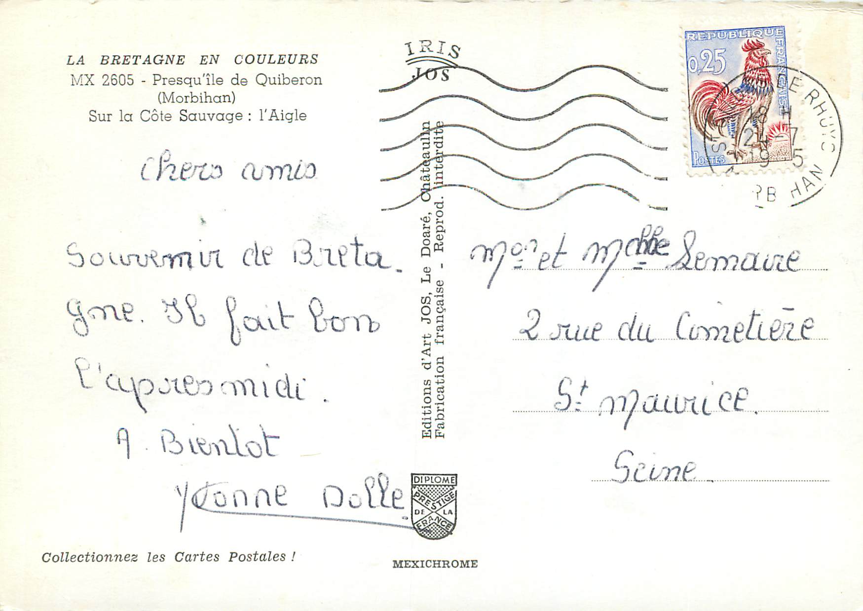 CPM La Bretagne en Couleurs Presqu ile de Quiberon Morbihan Sur la Cote Sauvage l Aigle — Rückseite