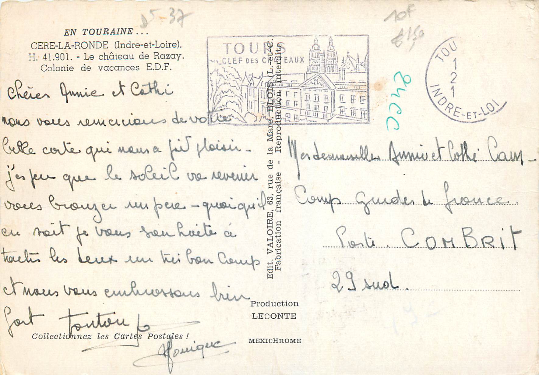 CPM En Touraine Cere la Ronde Indre et Loire Le Chateau de Razay Colonie de vacances — Rückseite