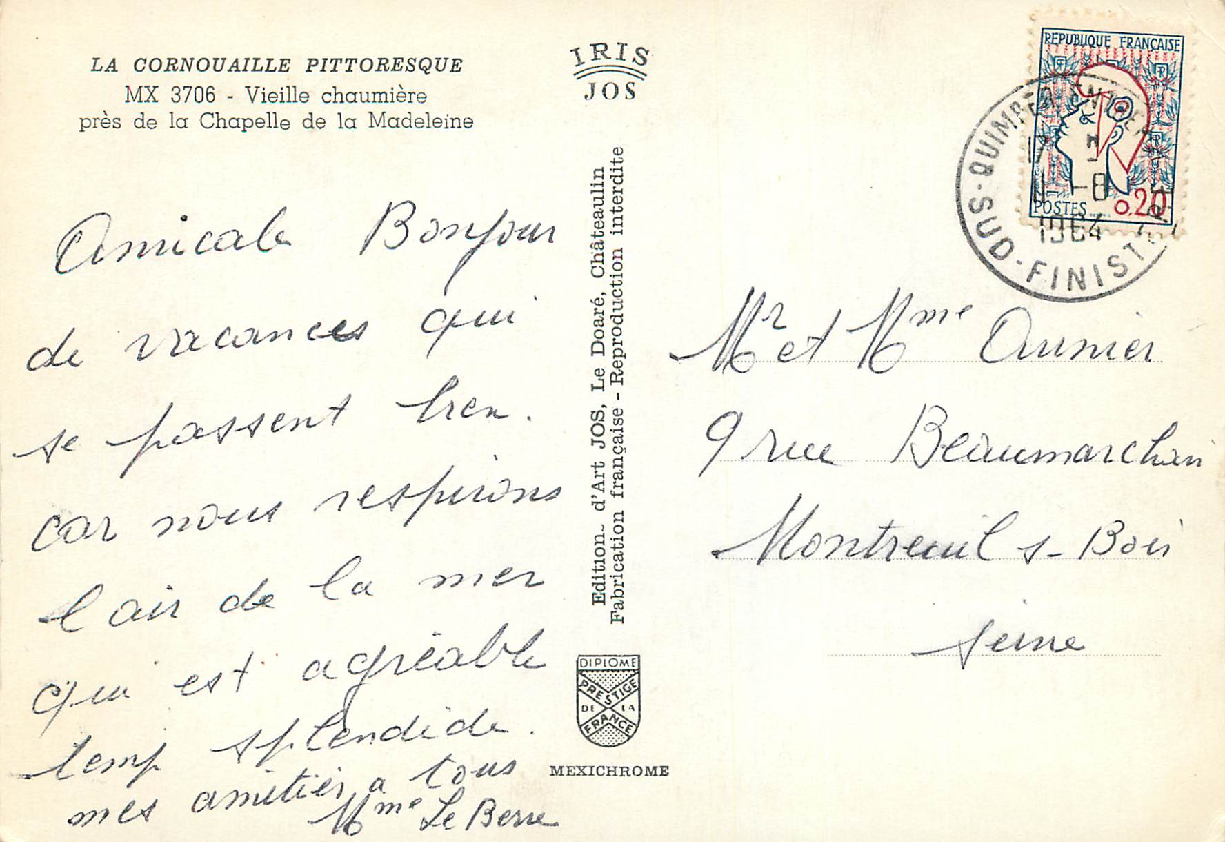 CPM La Cornouaille Pittoresque Vieille chaumiere pres de la Chapelle de la Madeleine — Rückseite