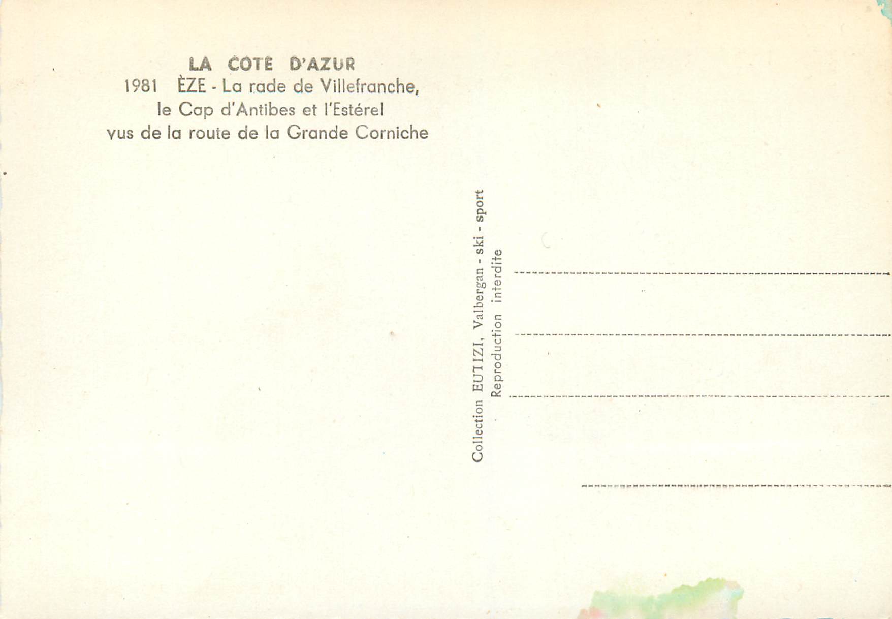 CPM La Cote d Azur Eze La rade de Villefranche le Cap d Antibes et l Esterel vus de la route de la Grande Corniche — Rückseite