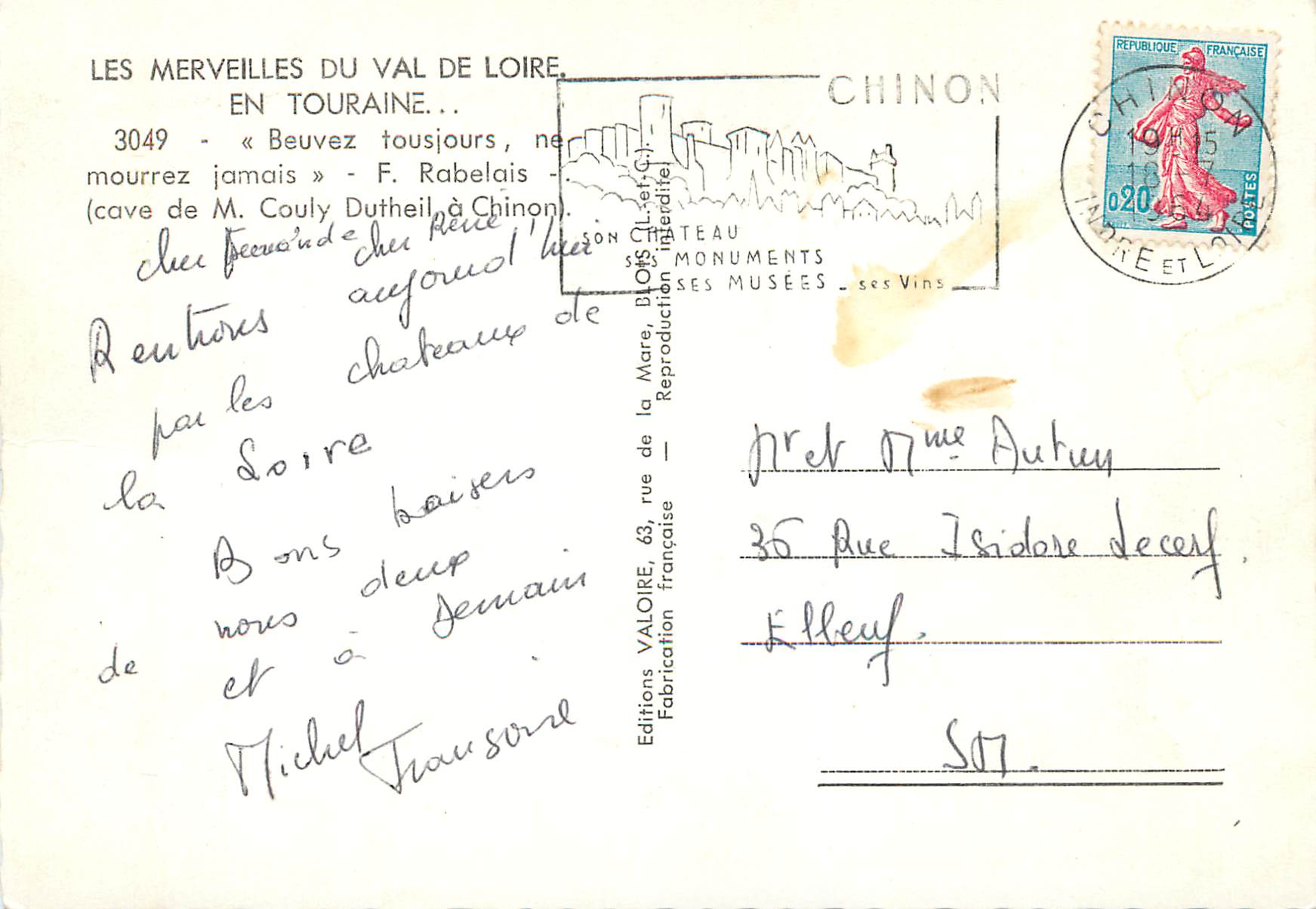 CPM Les Merveilles du Val de Loire en Touraine Beuvez tousjours ne mourrez jamais F Rabelais cave de M Couly Dutheil a C — Rückseite