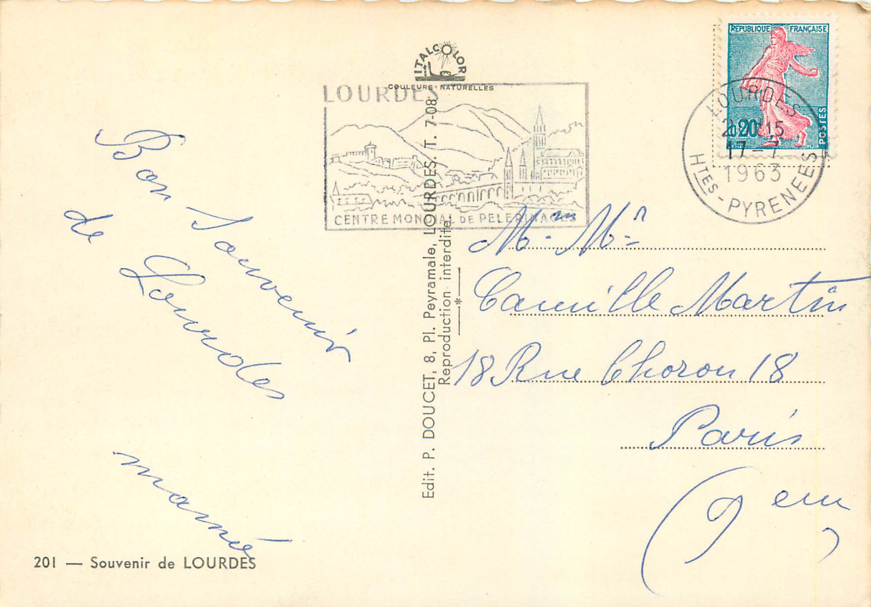 CPM Souvenir de Lourdes — Verso