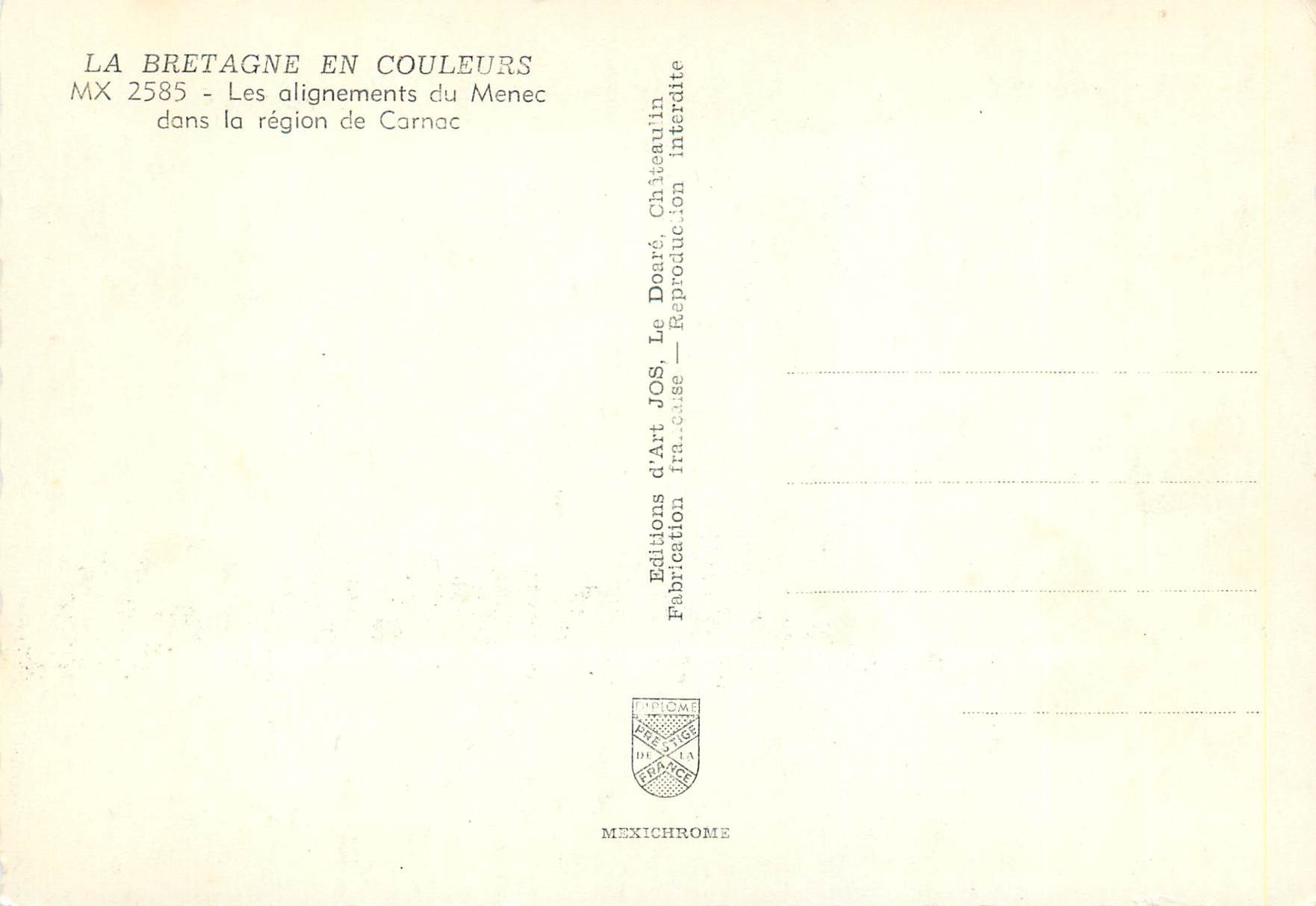 CPM La Bretagne en Couleurs Les alignements du Menec dans la region de Carnac — Rückseite