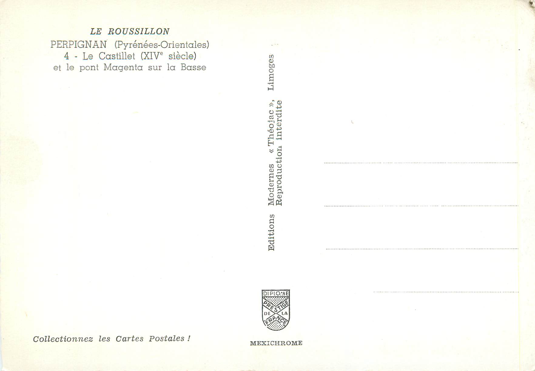 CPM Le Roussillon Perpignan Pyrenees Orientales Le Castillet xiv siecle et le pont Magenta sur la Basse — Rückseite