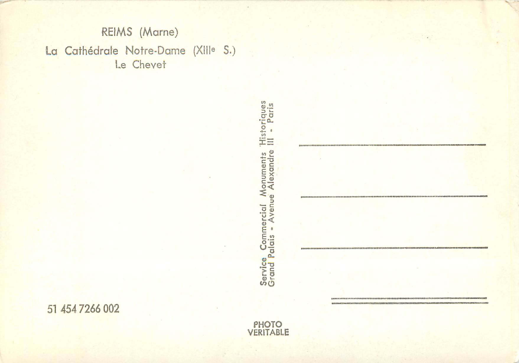 CPM Reims Marne La Cathedrale Notre Dame Le Chevert — Verso