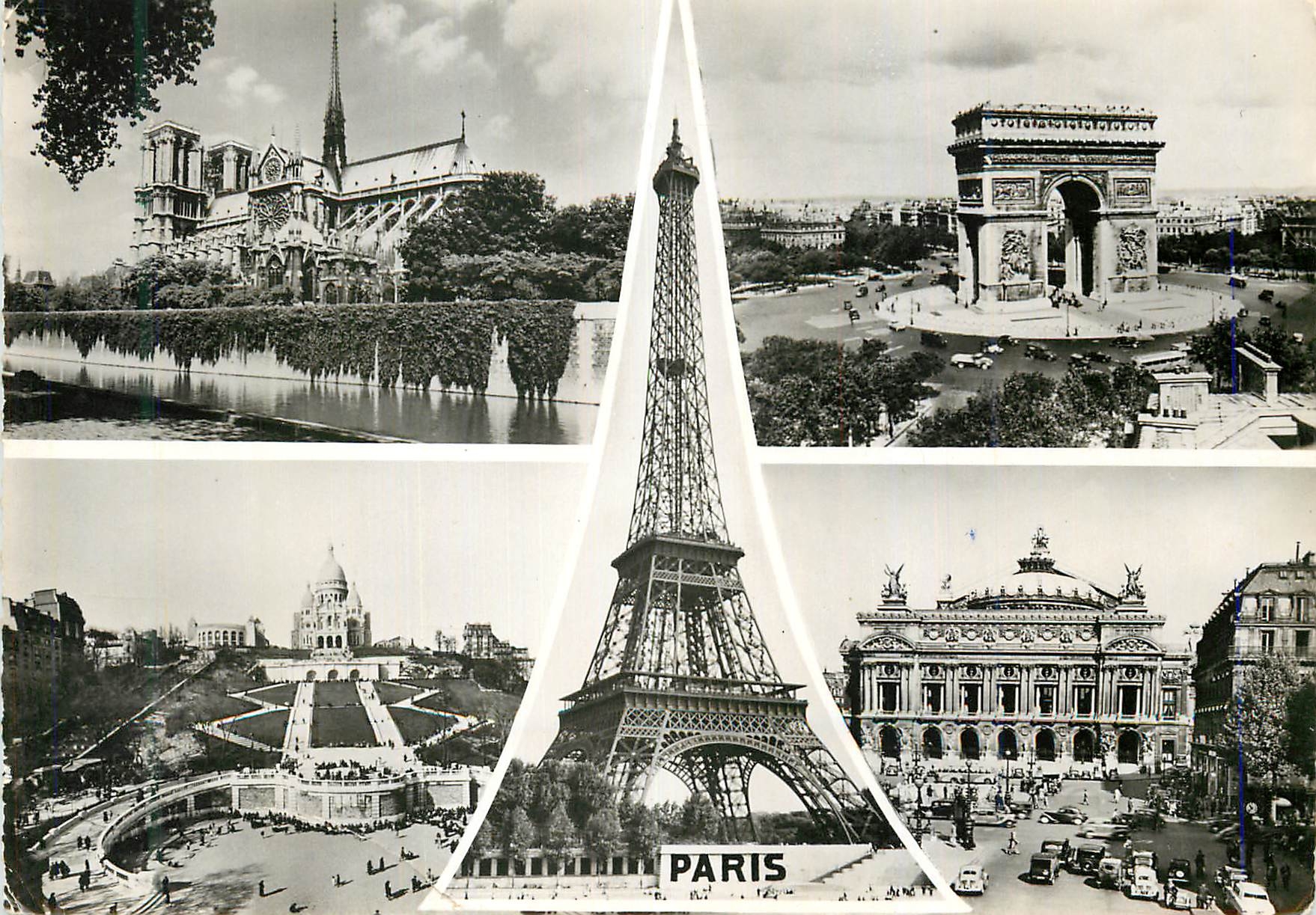 CPM Paris Vue sur Notre Dame L Abside L Arc de Triomphe et Place de l Etoile La Tour Eiffel La Basilique du Sacre Coeur 