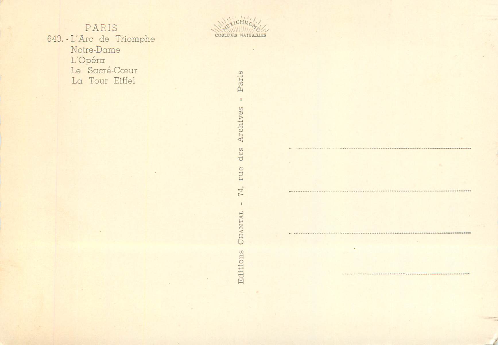 CPM Paris L Arc de Triomphe Notre Dame L Opera Le Sacre Coeur La Tour Eiffel — Verso