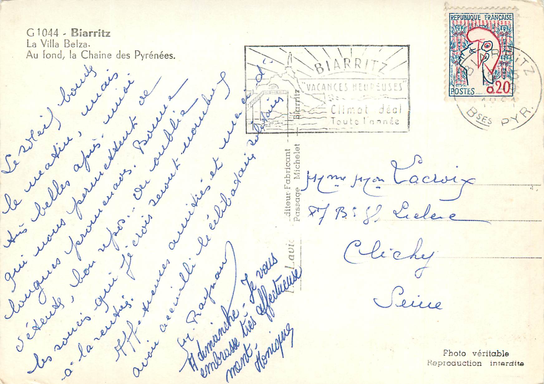 Biarritz — La Villa Belza — éditeur Lavielle, n° G1044 — Rückseite