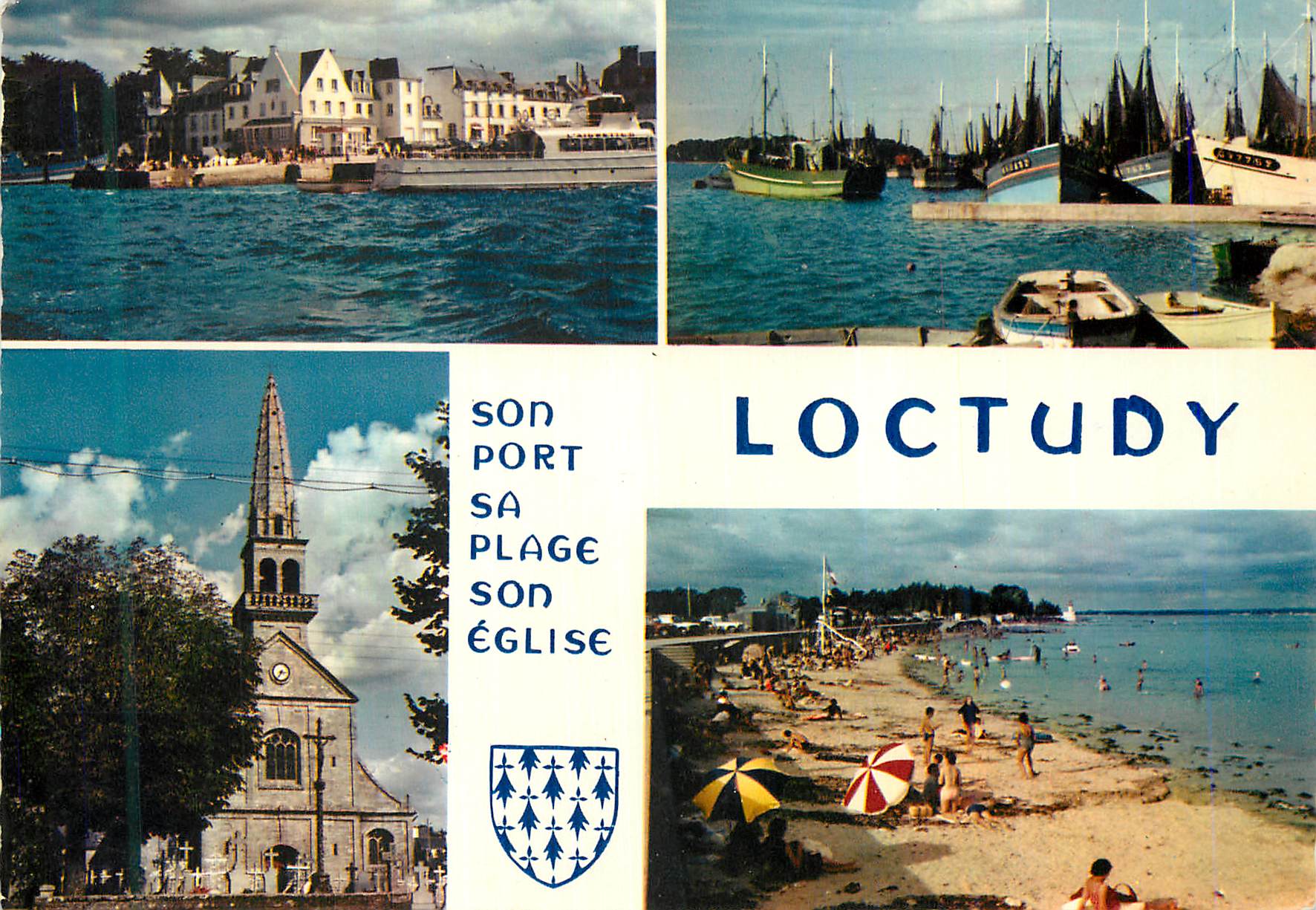 CPM La Bretagne en Couleurs Loctudy Finistere Eglise du xii siecle avec facade du xviii siecle Port de peche et plage re