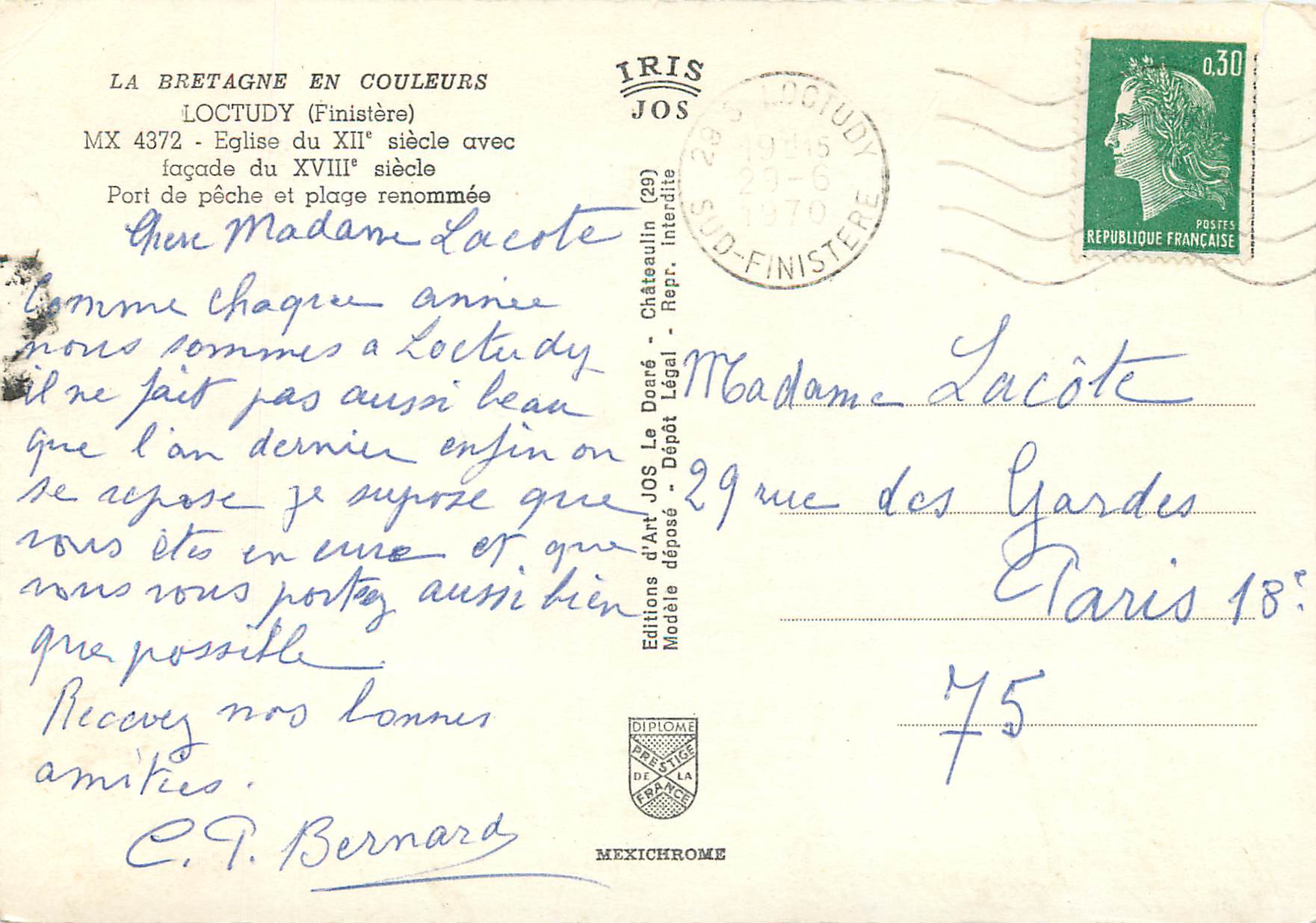 CPM La Bretagne en Couleurs Loctudy Finistere Eglise du xii siecle avec facade du xviii siecle Port de peche et plage re — Rückseite