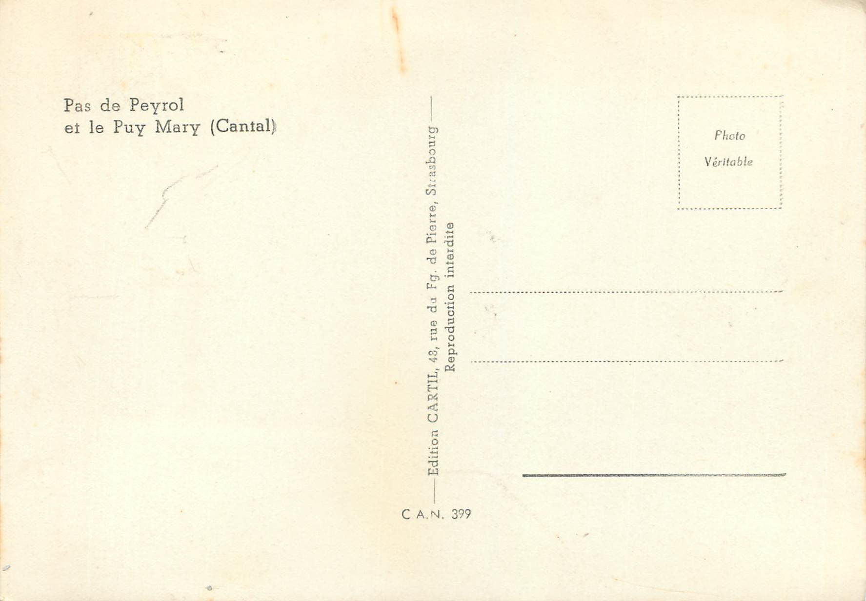 CPM Pas de Peyrol et le Puy Mary Cantal — Rückseite