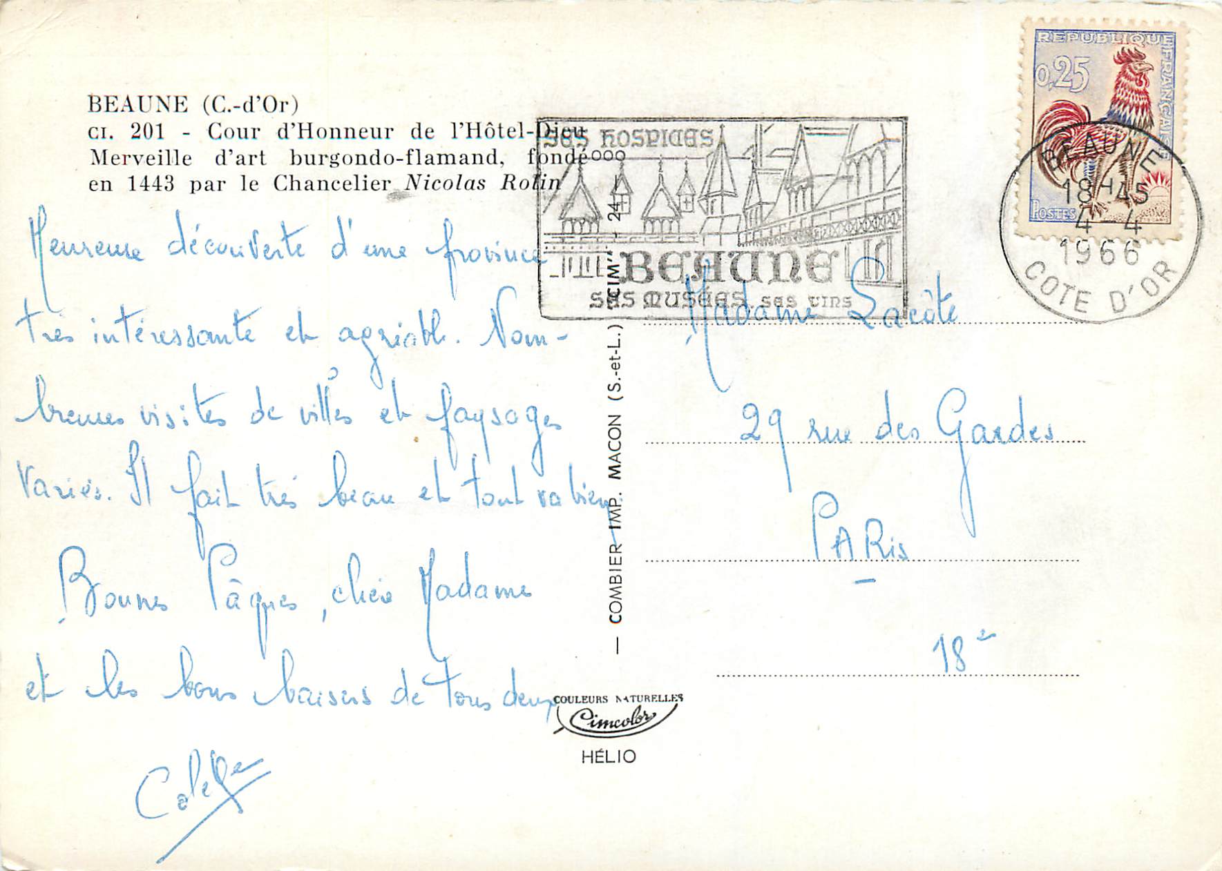 CPM Beaune Cour d Honneur de l Hotel Dieu Merveille d art burgondo flamand fonde par le Chancekier Nicolas Rolin — Rückseite