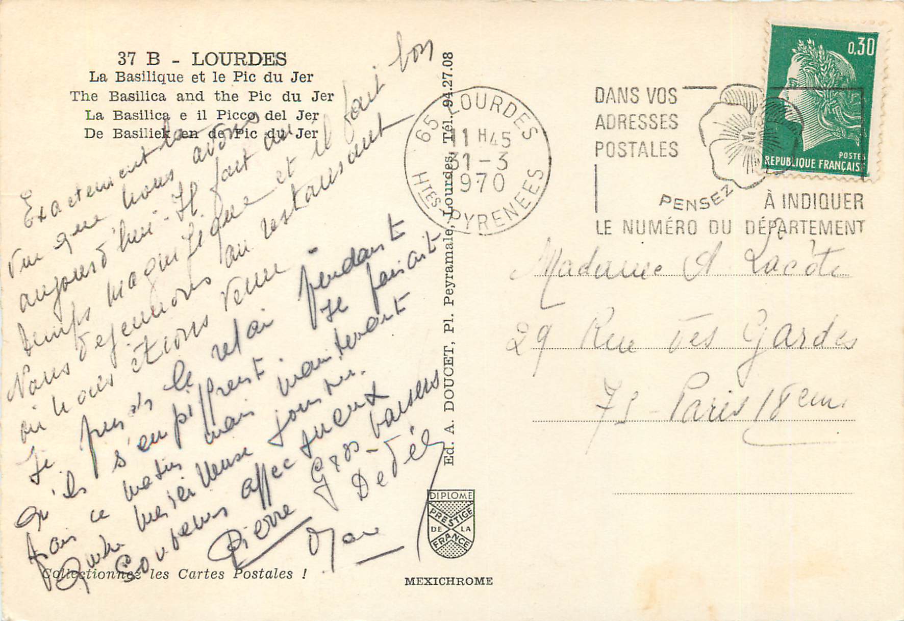 CPM Lourdes La Basilique et le Pic du Jer — Verso