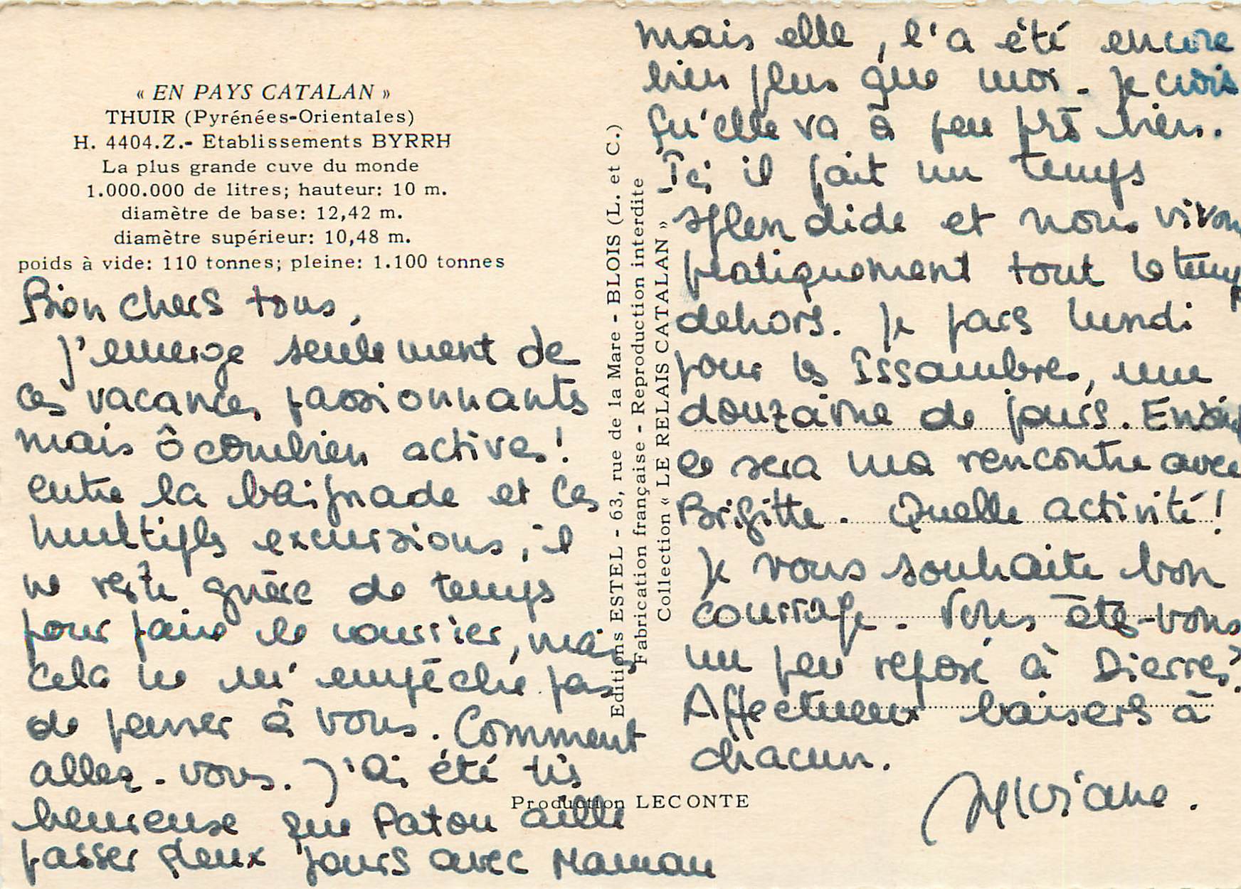 CPM En Pays Catalan Thuir Pyrenees Orientalis Etablissements Byrrh La plus grande cuve du monde — Rückseite