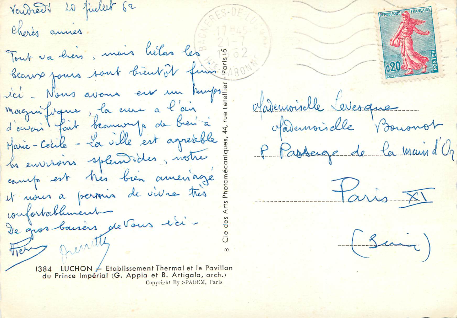 CPM Luchon Etablissement Thermal et le Pavillon du Prince Imperial G Appia et B Arligato arch — Verso