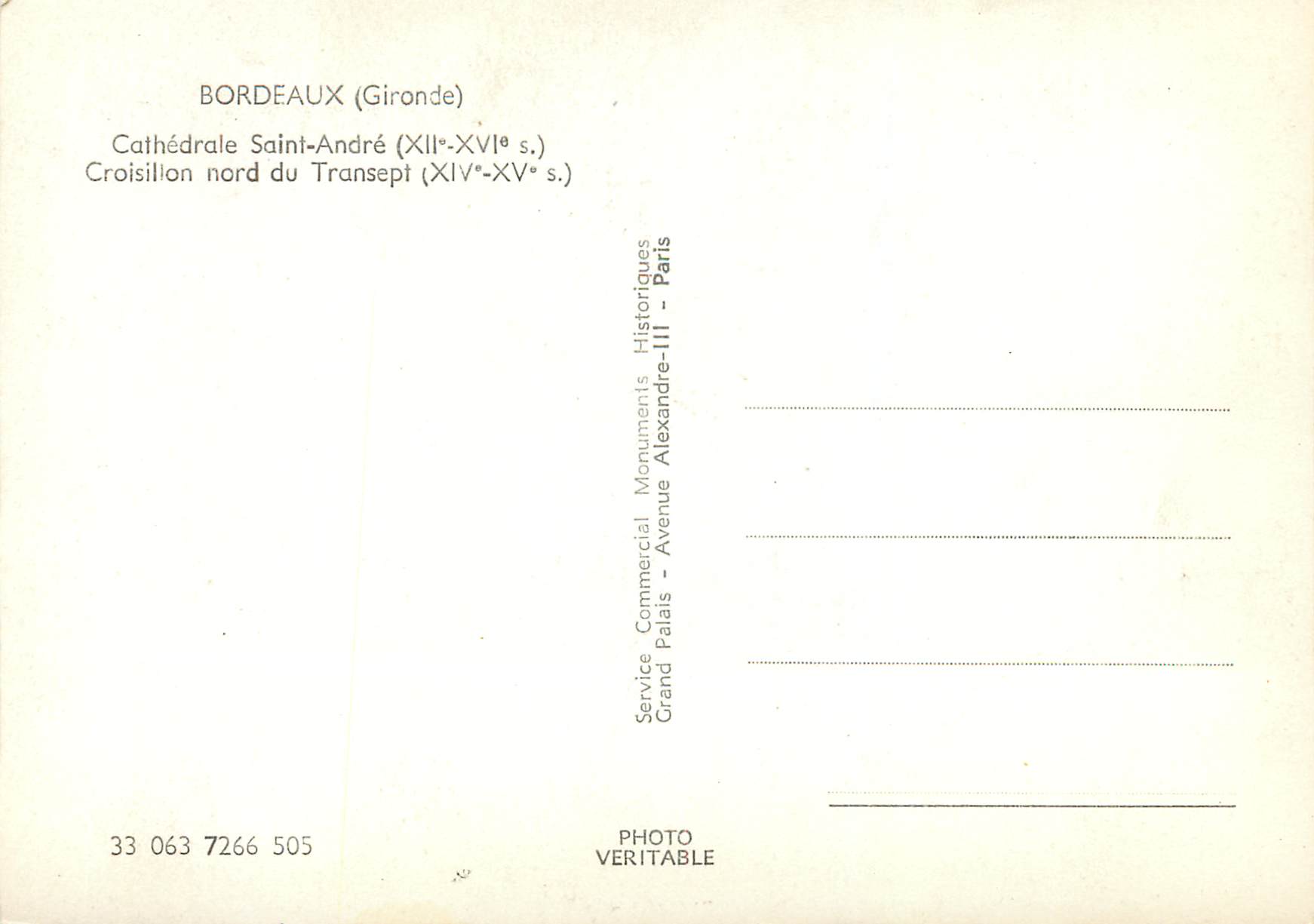 CPM Bordeaux Gironde Cathedrale Saint Andre xii xvi s Croisillon nord du Transept xiv sv s — Verso
