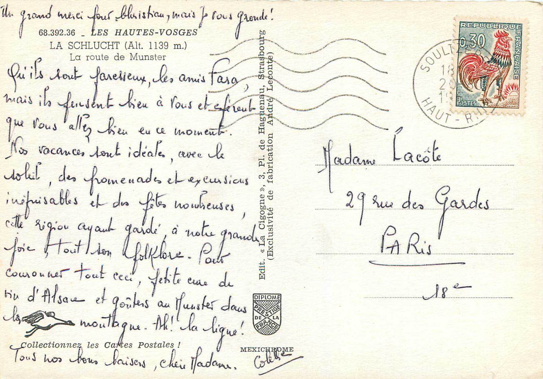 CPM Les Hautes Vosges La Schlucht La route de Munster — Rückseite