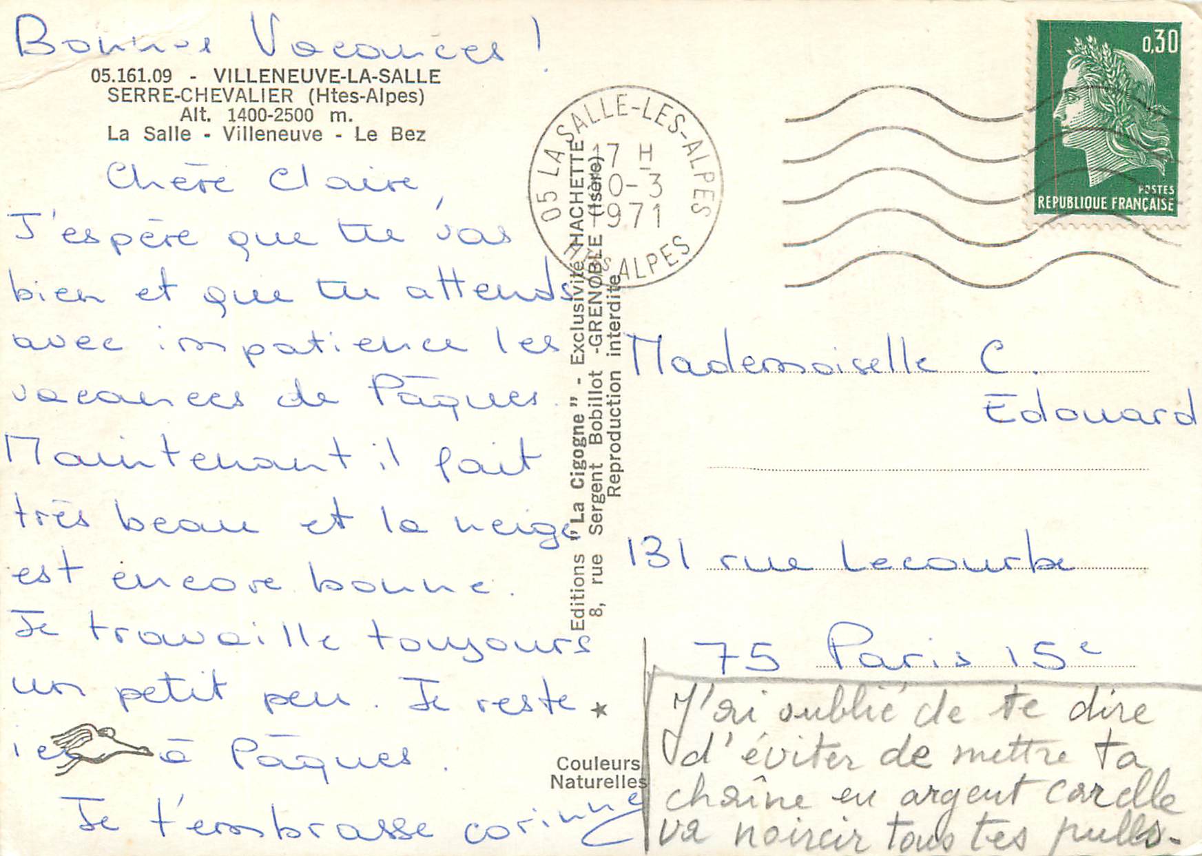 Villeneuve-la-Salle — vue panoramique enneigée — Éditions 'La Cigogne' — Achterkant