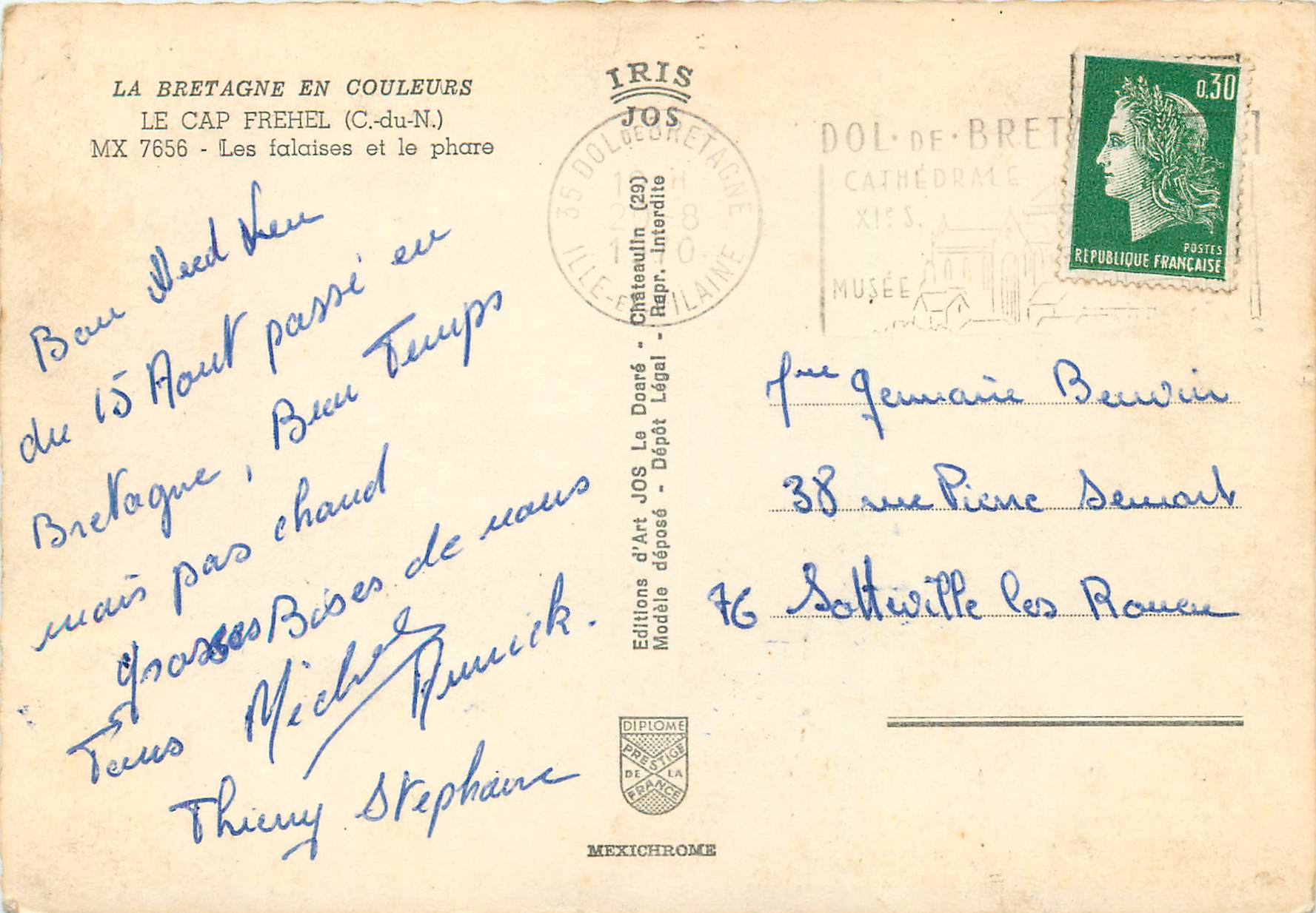 CPM La Bretagne en Couleurs Le Cap Frehel Les falaises et le phare — Rückseite
